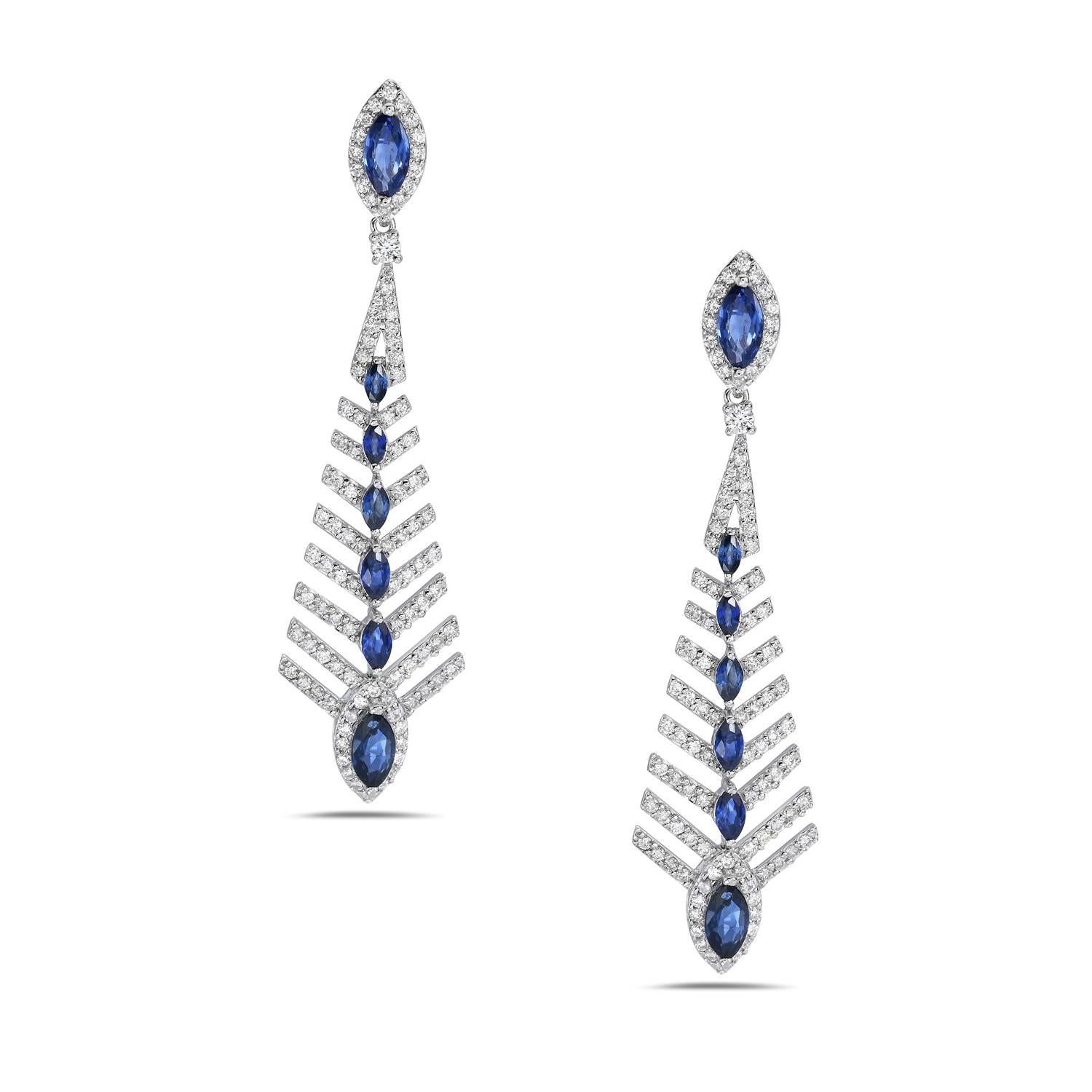 Mixed Cut Arrow Shaped Blue Sapphire & Diamonds Dangle Earrings Made In 18k White Gold For Sale