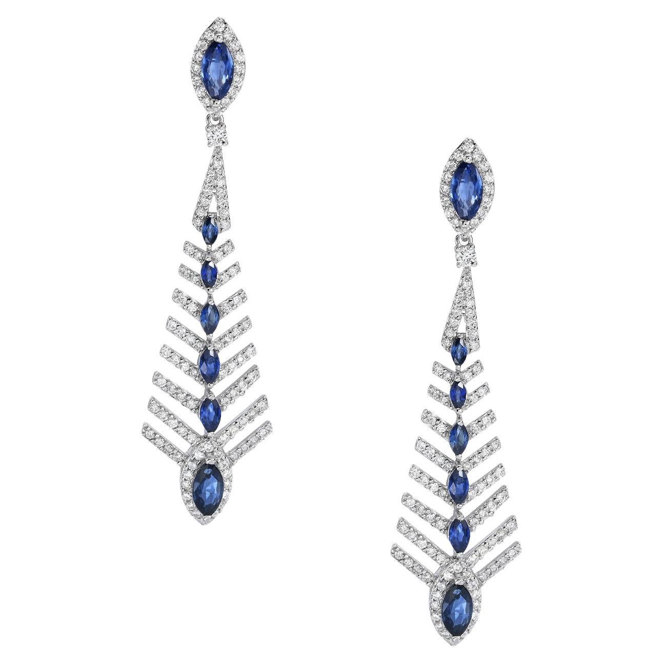 Arrow Shaped Blue Sapphire & Diamonds Dangle Earrings Made In 18k White Gold For Sale