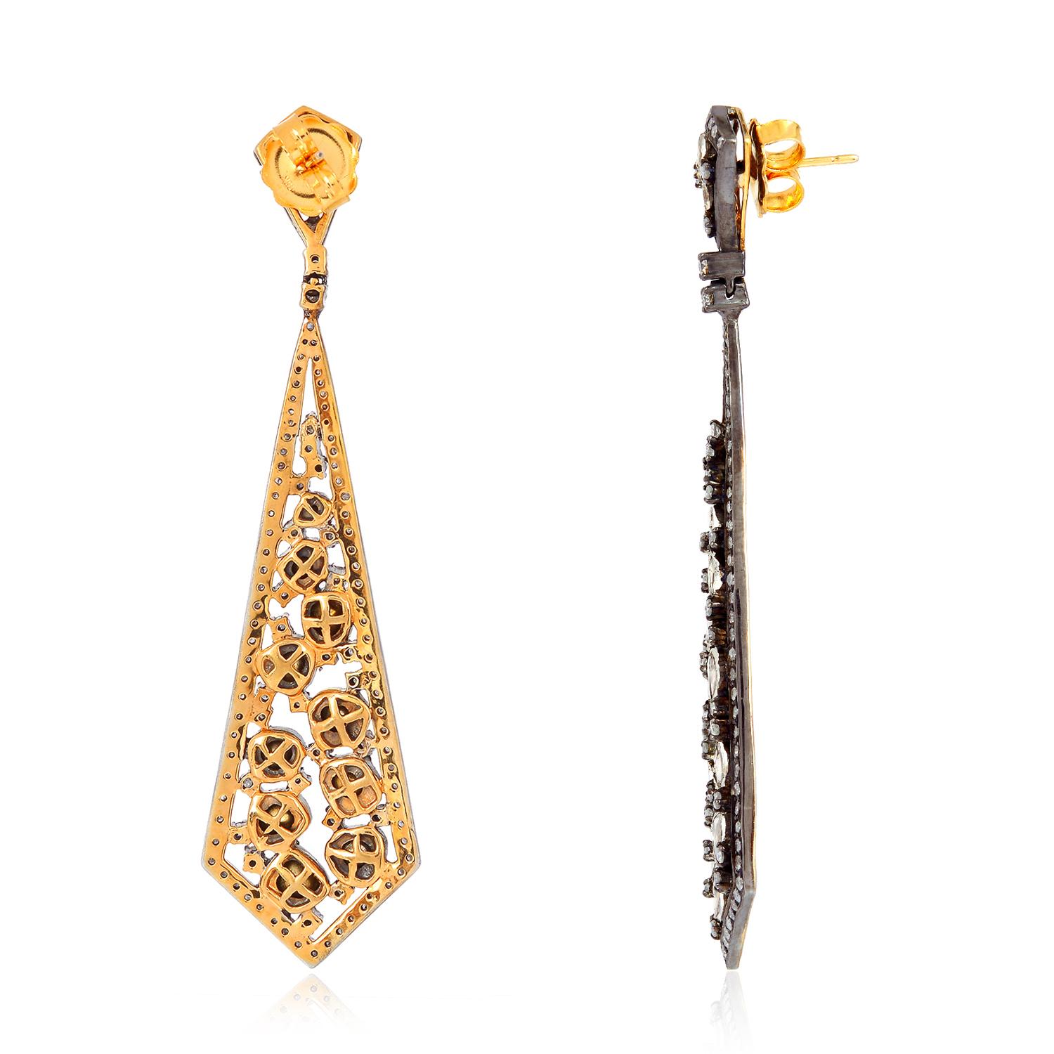 Art Deco Arrow Shaped Long Earrings With Rosecut Diamonds In 18k Yellow Gold & Silver For Sale