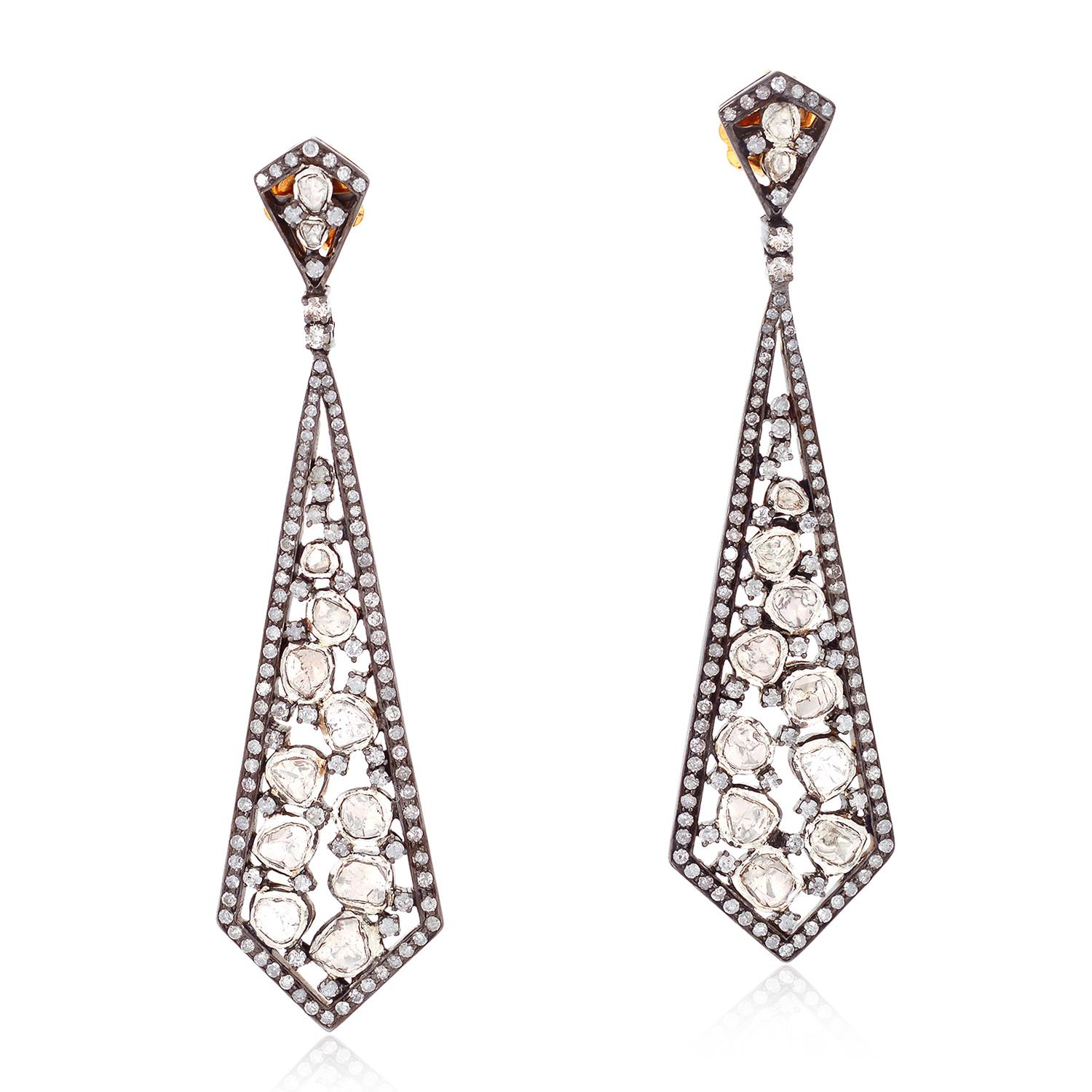 Mixed Cut Arrow Shaped Long Earrings With Rosecut Diamonds In 18k Yellow Gold & Silver For Sale
