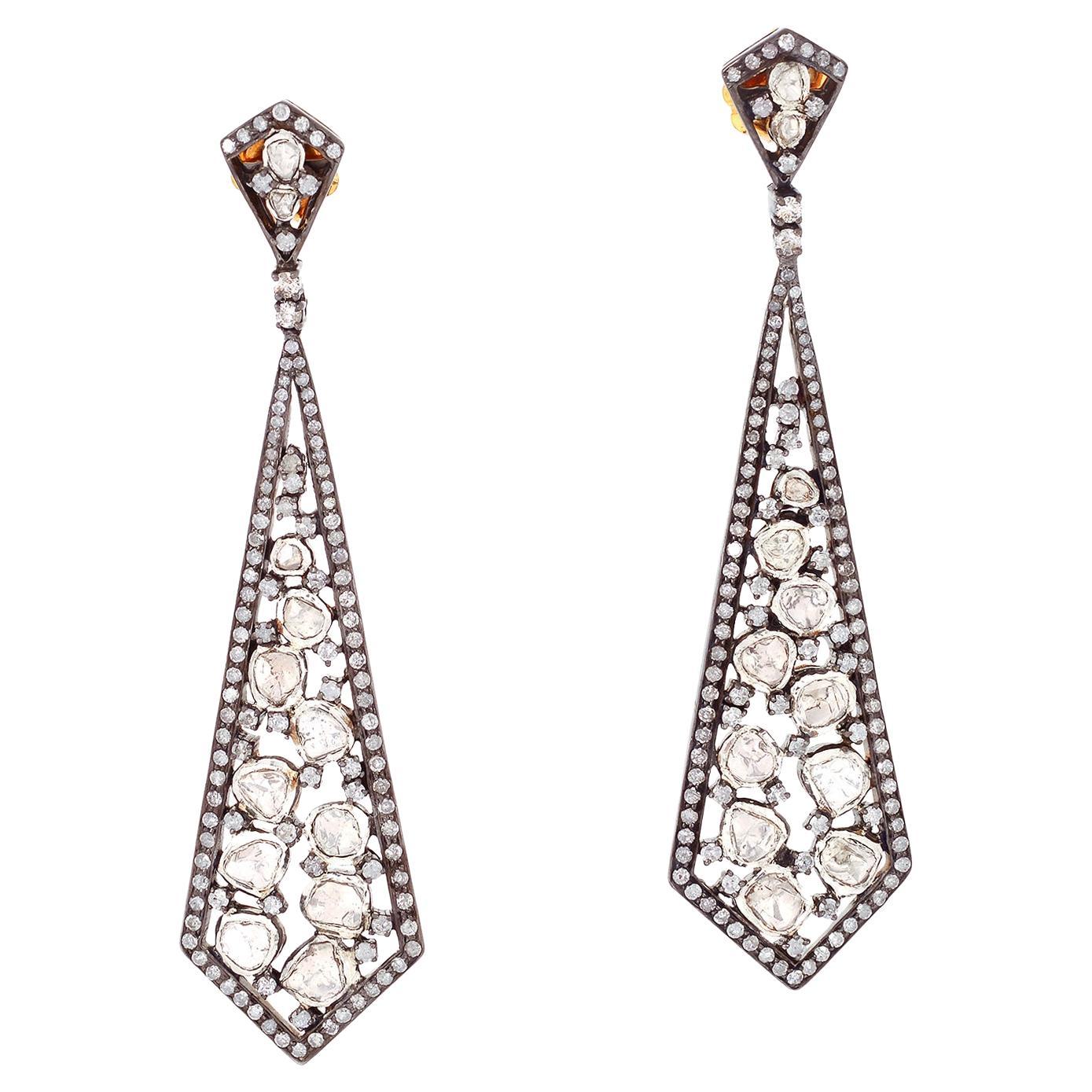 Arrow Shaped Long Earrings With Rosecut Diamonds In 18k Yellow Gold & Silver For Sale