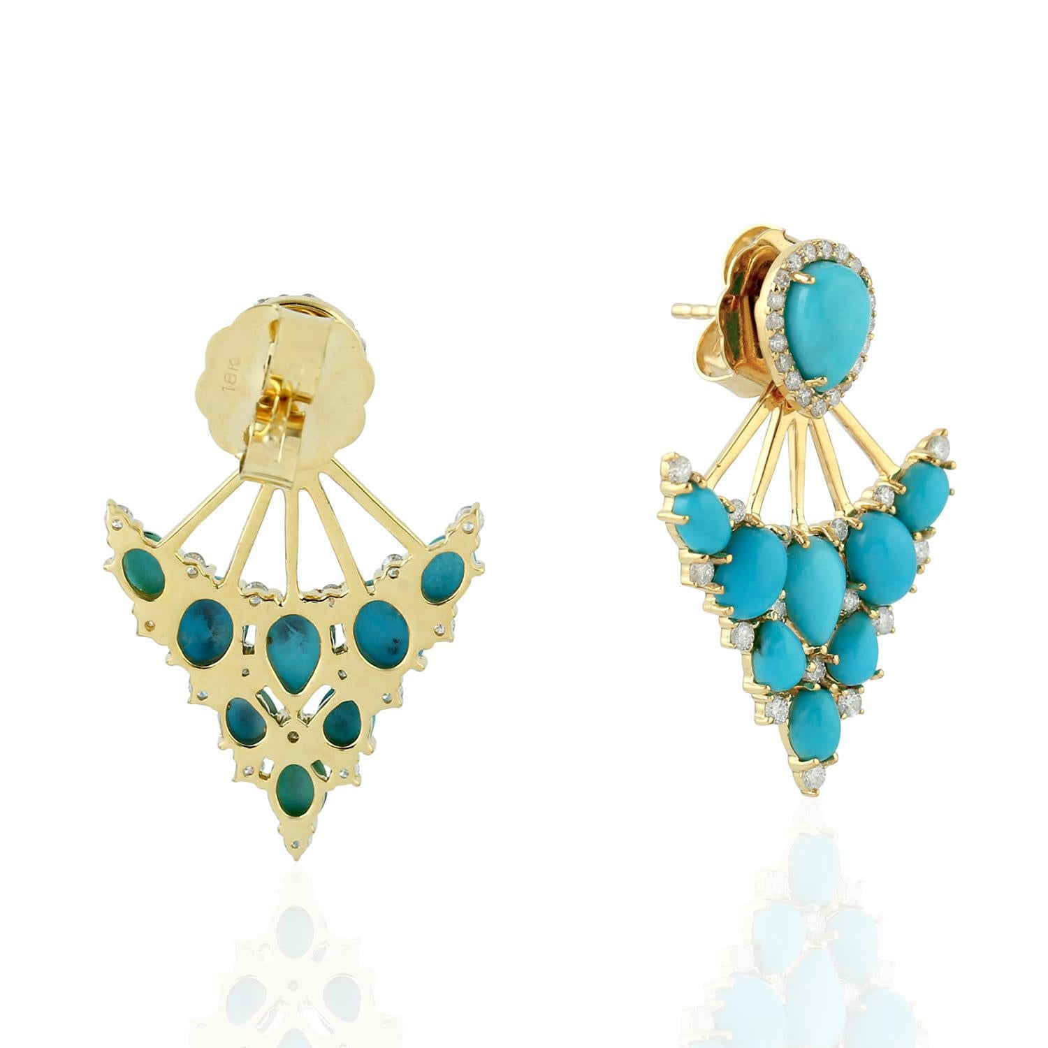 Artisan Arrow Shaped Turquoise & Diamond Dangle Earrings Made In 18K Yellow Gold
