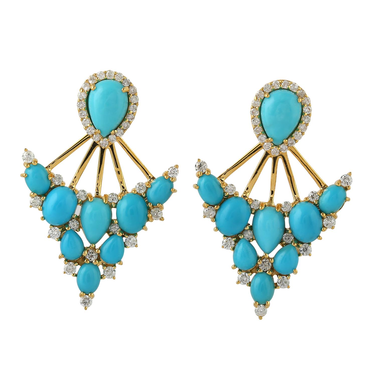 Mixed Cut Arrow Shaped Turquoise & Diamond Dangle Earrings Made In 18K Yellow Gold