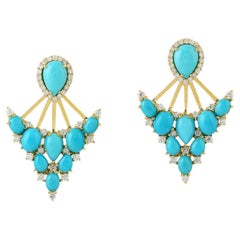 Arrow Shaped Turquoise & Diamond Dangle Earrings Made In 18K Yellow Gold