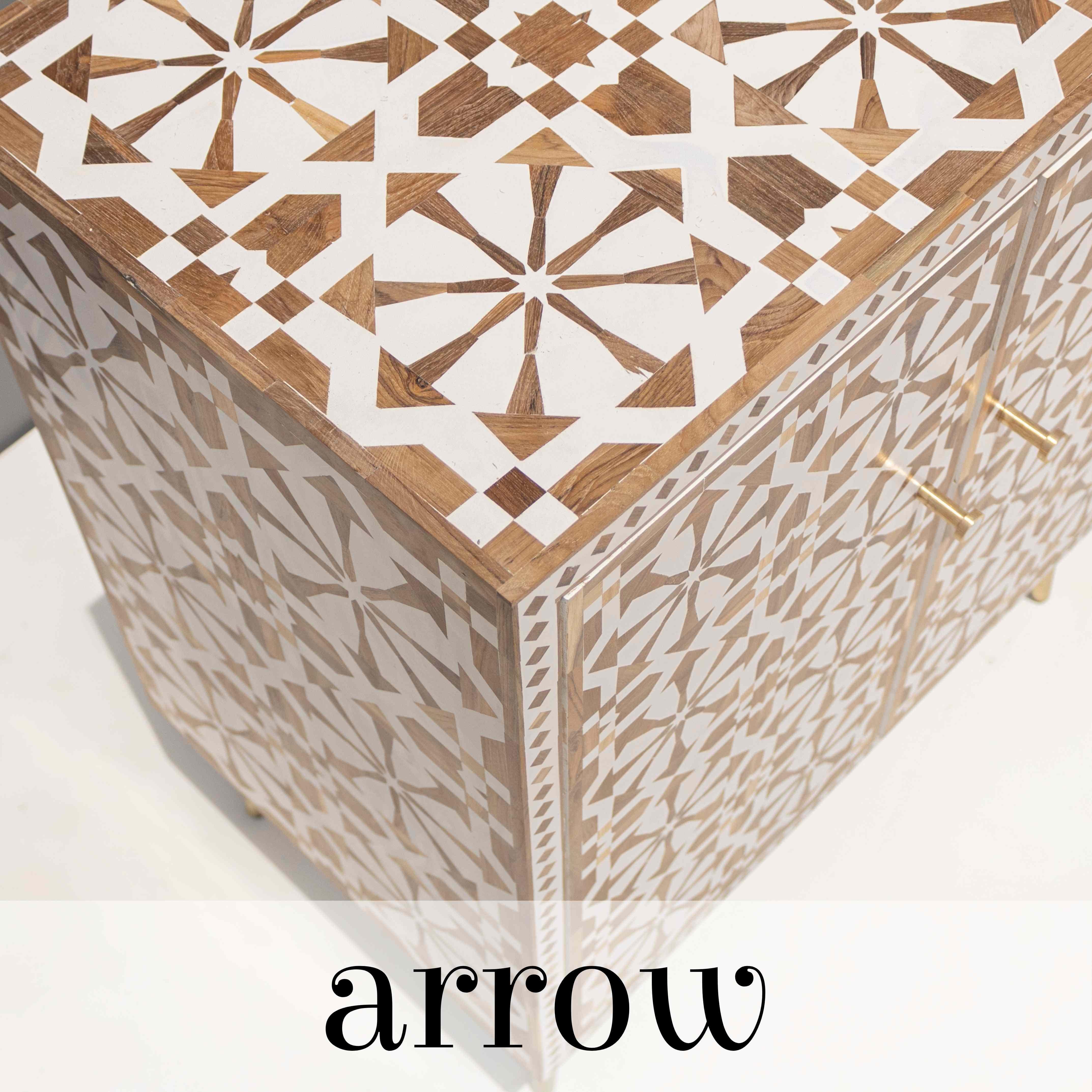 This stunning cabinet is handmade, featuring intricate teak wood inlay arrow patterns look spectacular. The cabinet is not only visually stunning but also highly functional offering ample storage space for your essentials. Crafted to last for