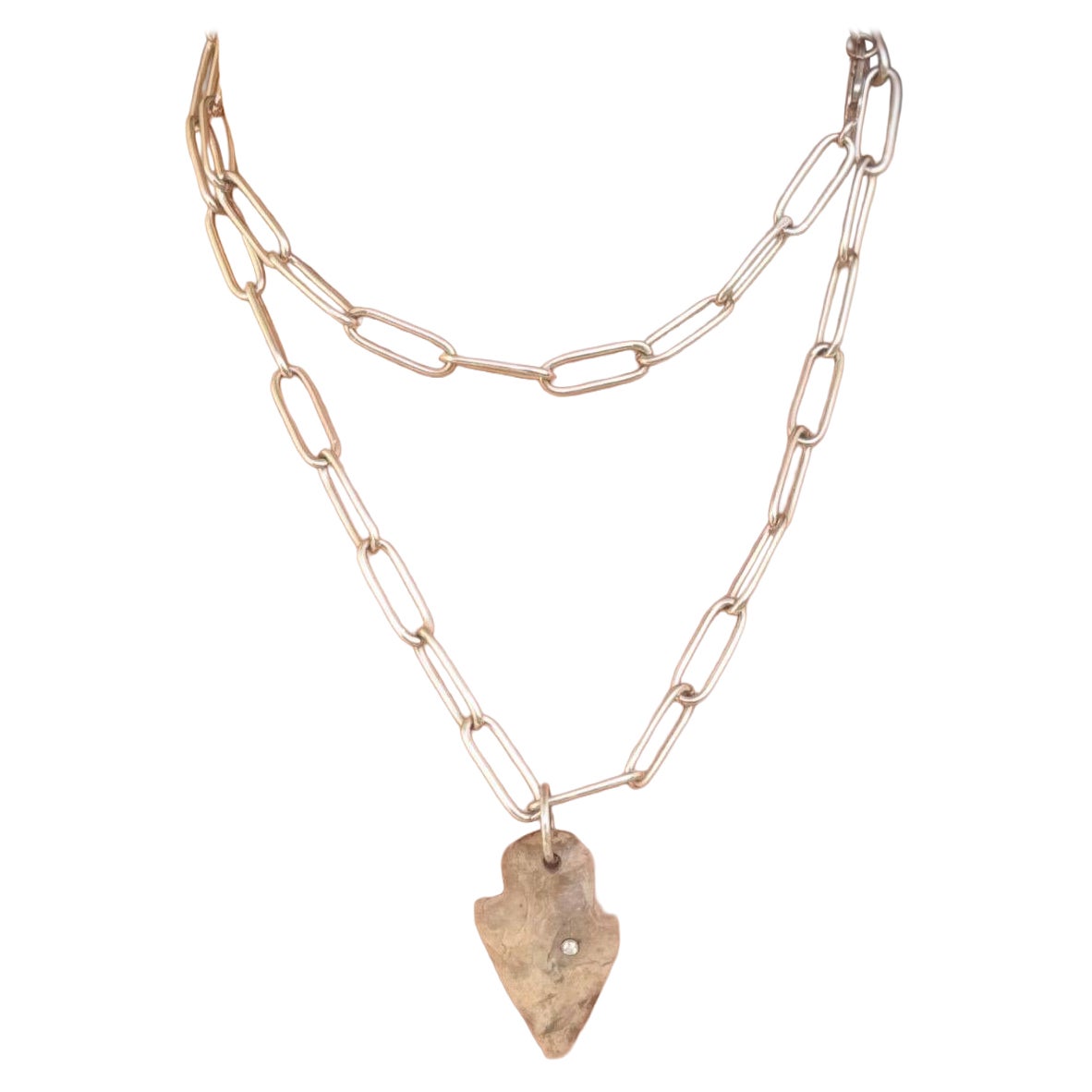 Arrowhead Necklace with Diamond and Platinum on Epic Long Silver Paperclip Chain in vendita