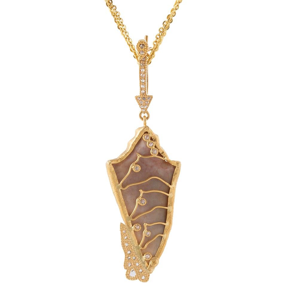 Unique Arrowhead Pendant Set in 20 karat Yellow Gold with 16.00-carat Agate and 0.67-carat Rose-Cut Diamonds. This pendant features a three-horse head design on the back in yellow gold. It is part of COOMI's Antiquity Collection which is inspired by