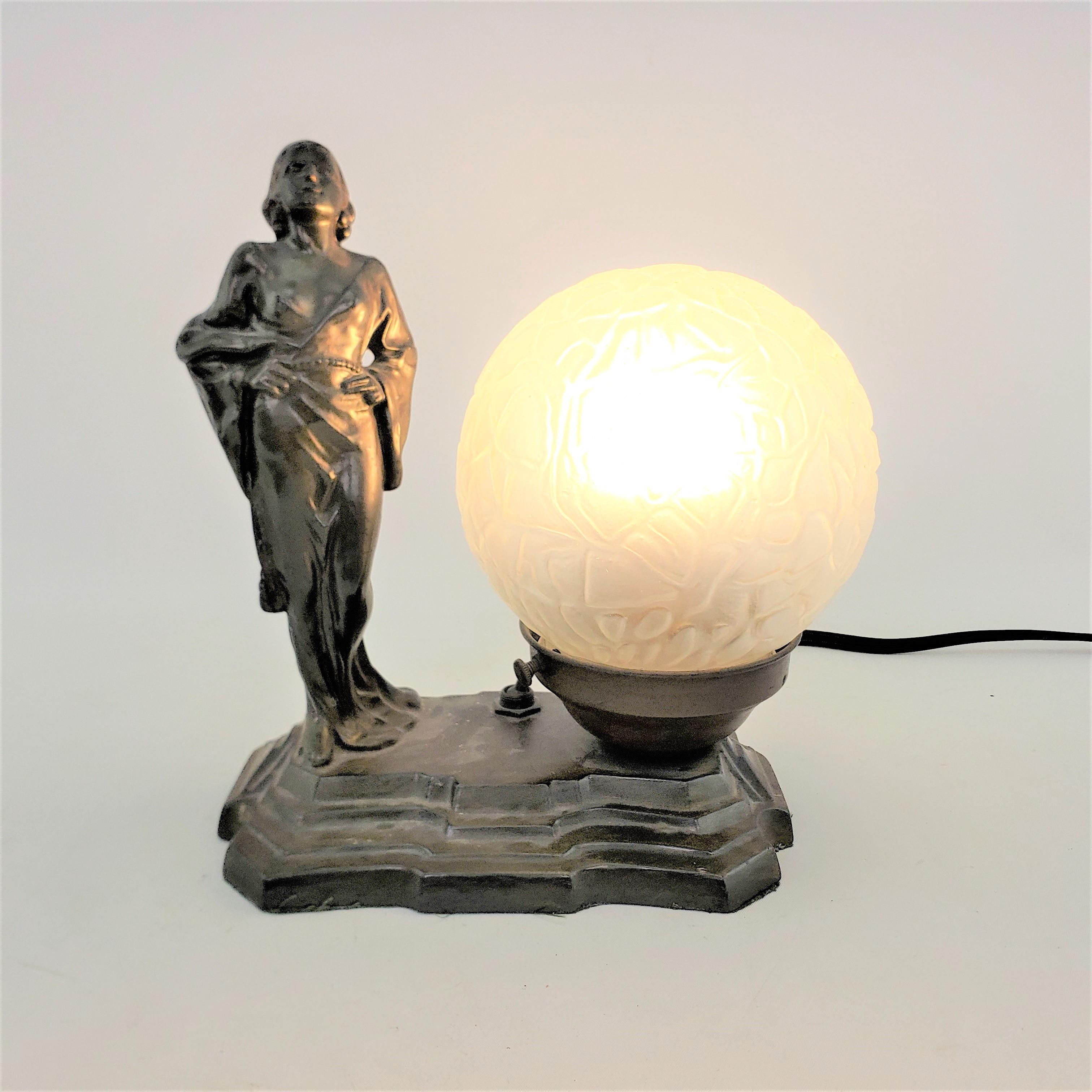 Spelter Art Deco Cast & Bronze Patinated Table Lamp with Robed Woman & Original Shade For Sale