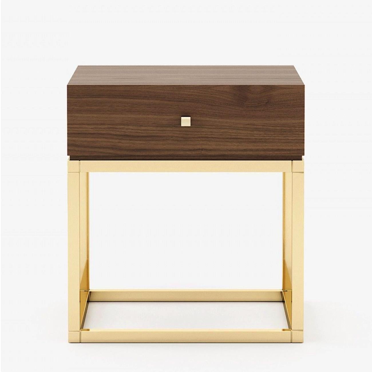 Side Table Tanka Walnut with wooden structure in matte walnut wood veneer,
with 1 drawer with easy glide system. With polished stainless steel base 
and drawer's handle in gold finish.
Also available in natural oak veneer, or in grey oak matte