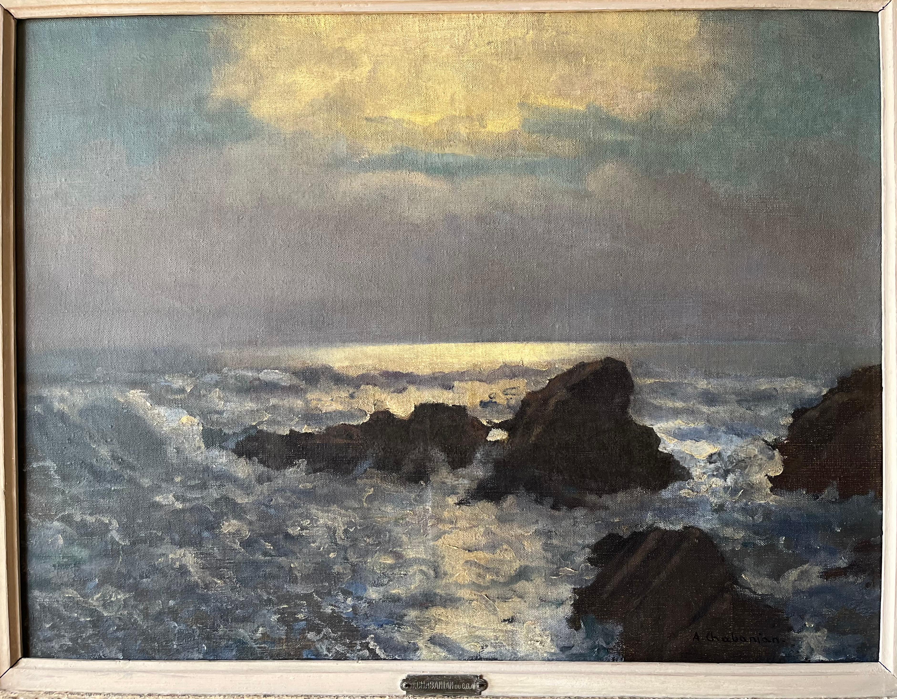« Sea under the night moon » - Painting de Arsene Chabanian