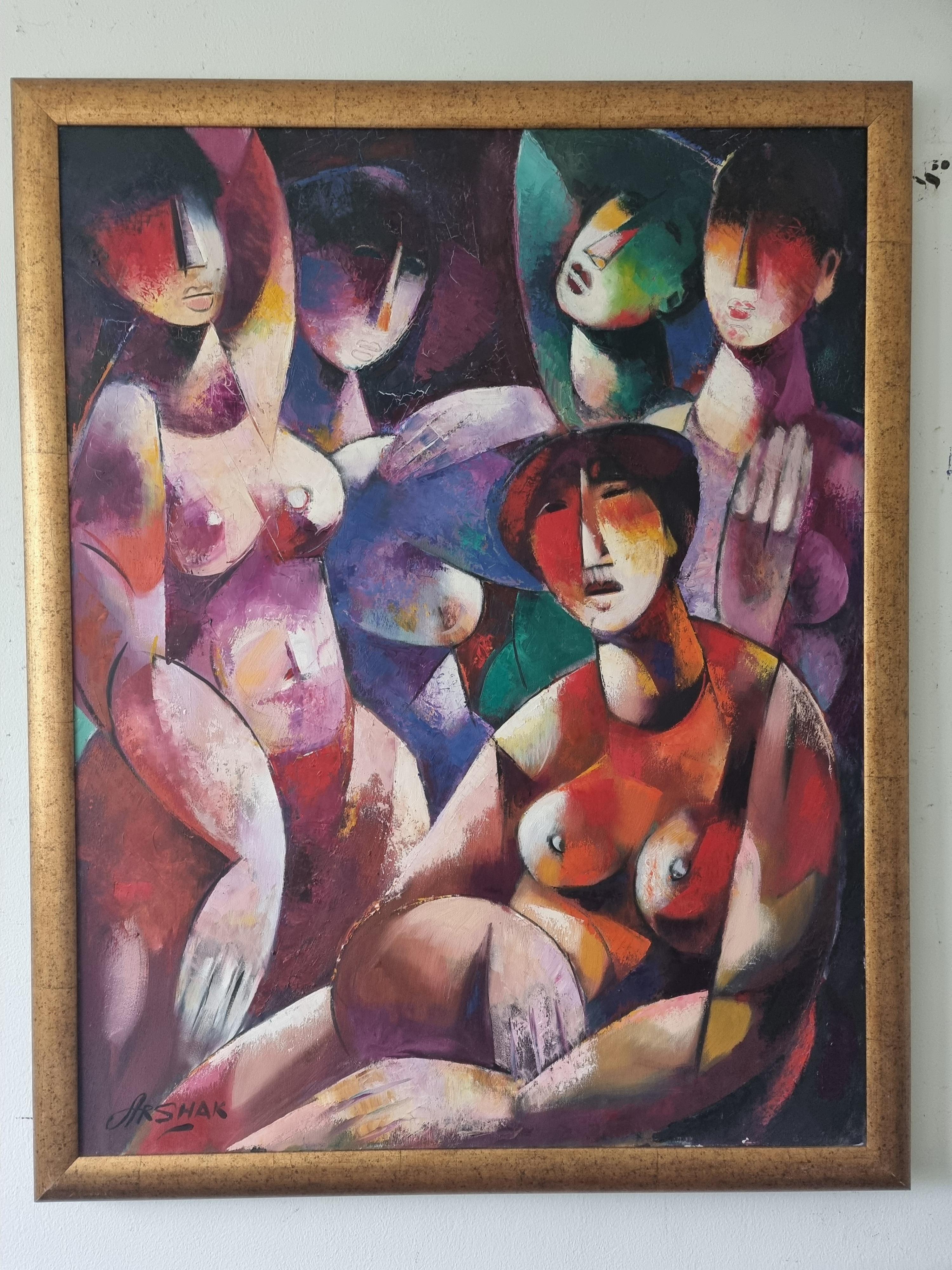 Friends - Cubist Art Red Black Yellow White Green Blue Pink Lilac - Painting by Arshak Nersisyan