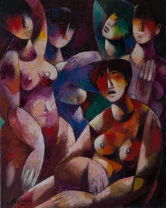 Girlfriends - Toile figurative abstraite - Peinture à l'huile - Rouge - Violet - Orange