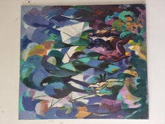 Landschaftslandschaft mit Frauenfiguren – Kubistische Kunst in Rot, Schwarz, Gelb, Weiß, Grün und Blau