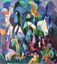 Paysage avec figures de femmes - Art cubiste rouge, jaune, blanc, vert et bleu 