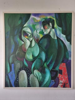 Meeting - Art cubiste abstrait rouge, jaune, blanc, vert et bleu