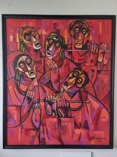 Herren Chorus – Abstrakte kubistische Kunst in Rot, Gelb, Weiß, Grün und Blau