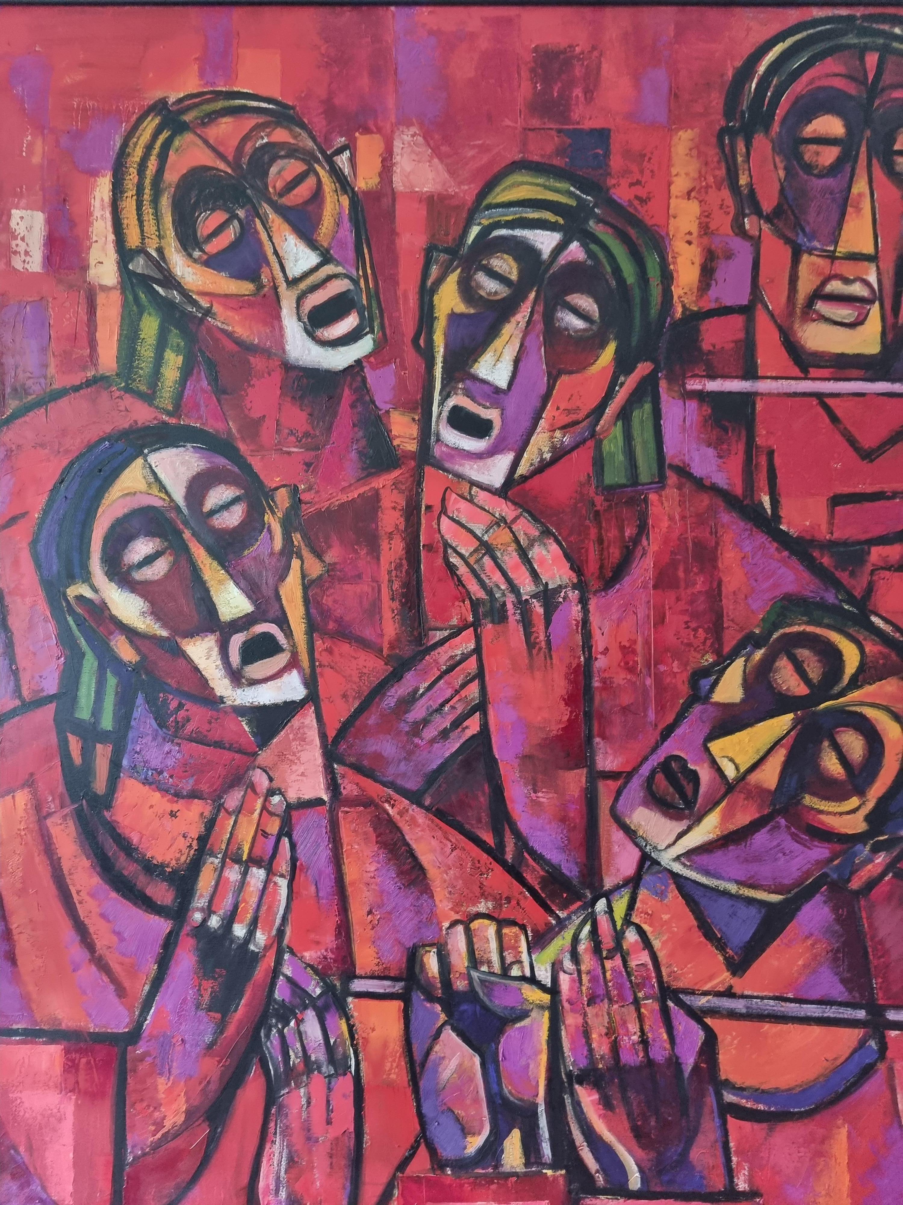 Coro maschile - Arte cubista astratta Rosso Nero Giallo Bianco Verde Blu - Painting Cubismo di Arshak Nersisyan