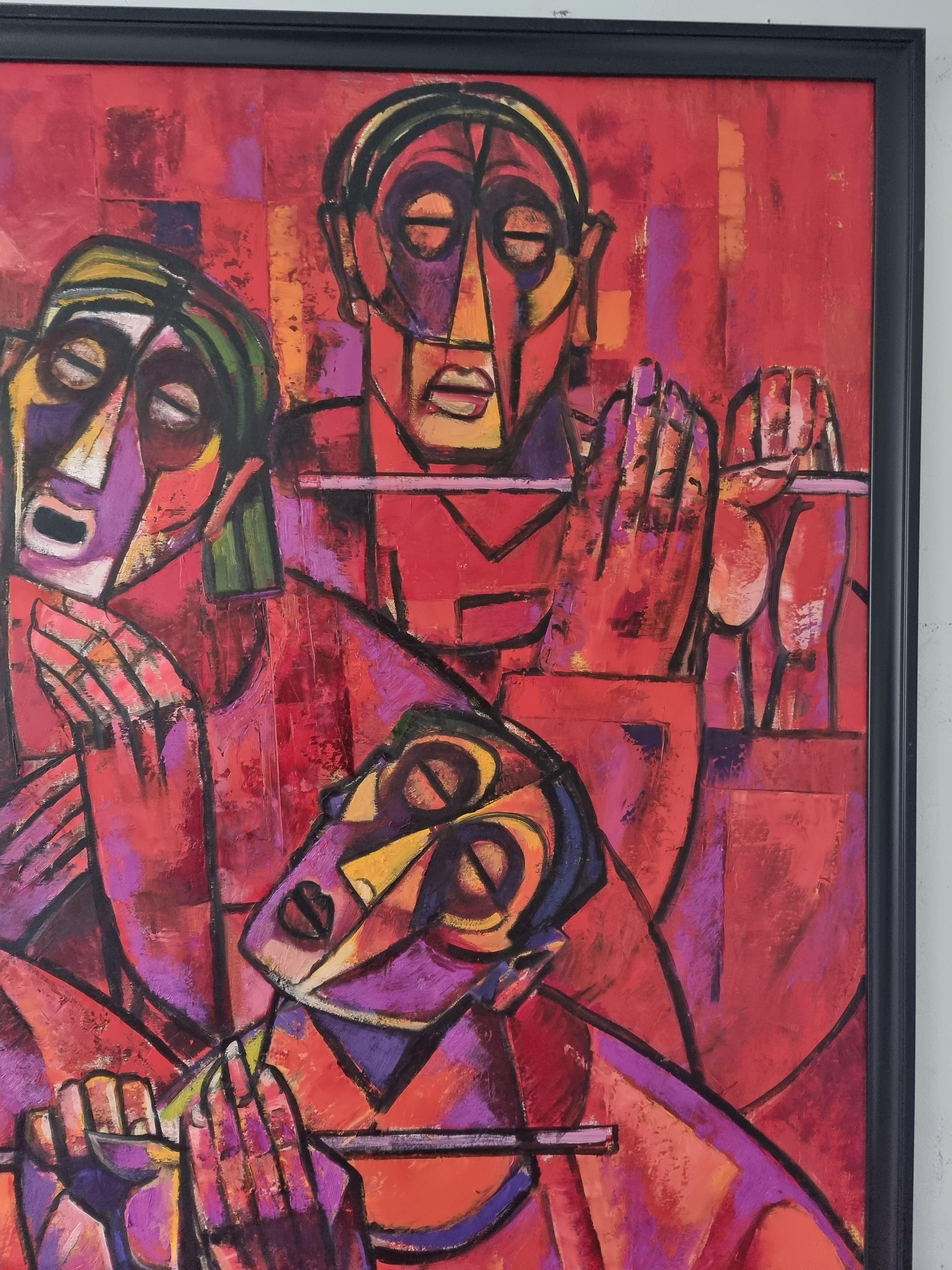 Coro maschile - Arte cubista astratta Rosso Nero Giallo Bianco Verde Blu - Figurative Painting Rosa di Arshak Nersisyan