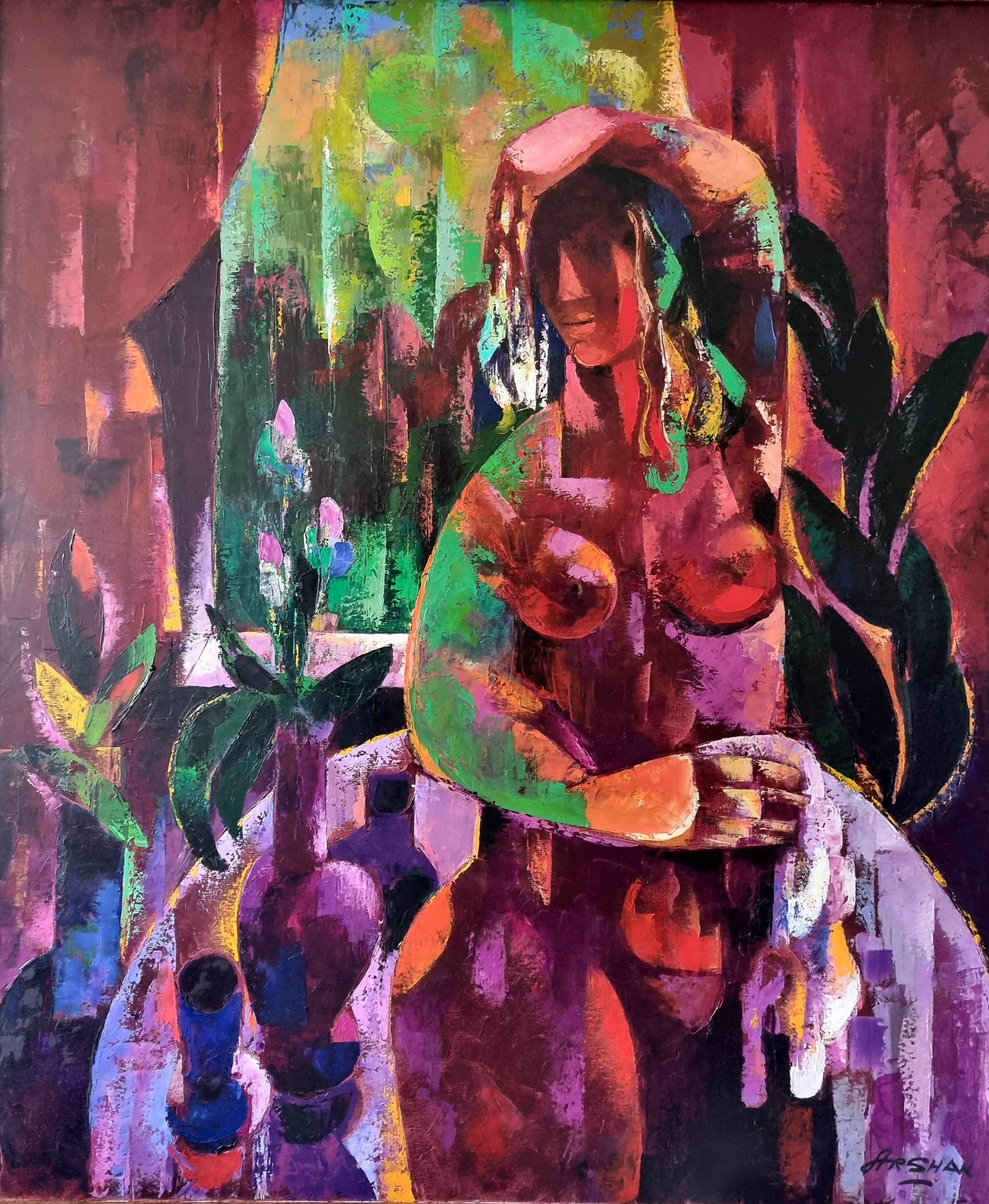Arshak Nersisyan Figurative Painting – Abstrakte kubistische Kunst Rot Schwarz Gelb Weiß Grün Blau Lila Flieder