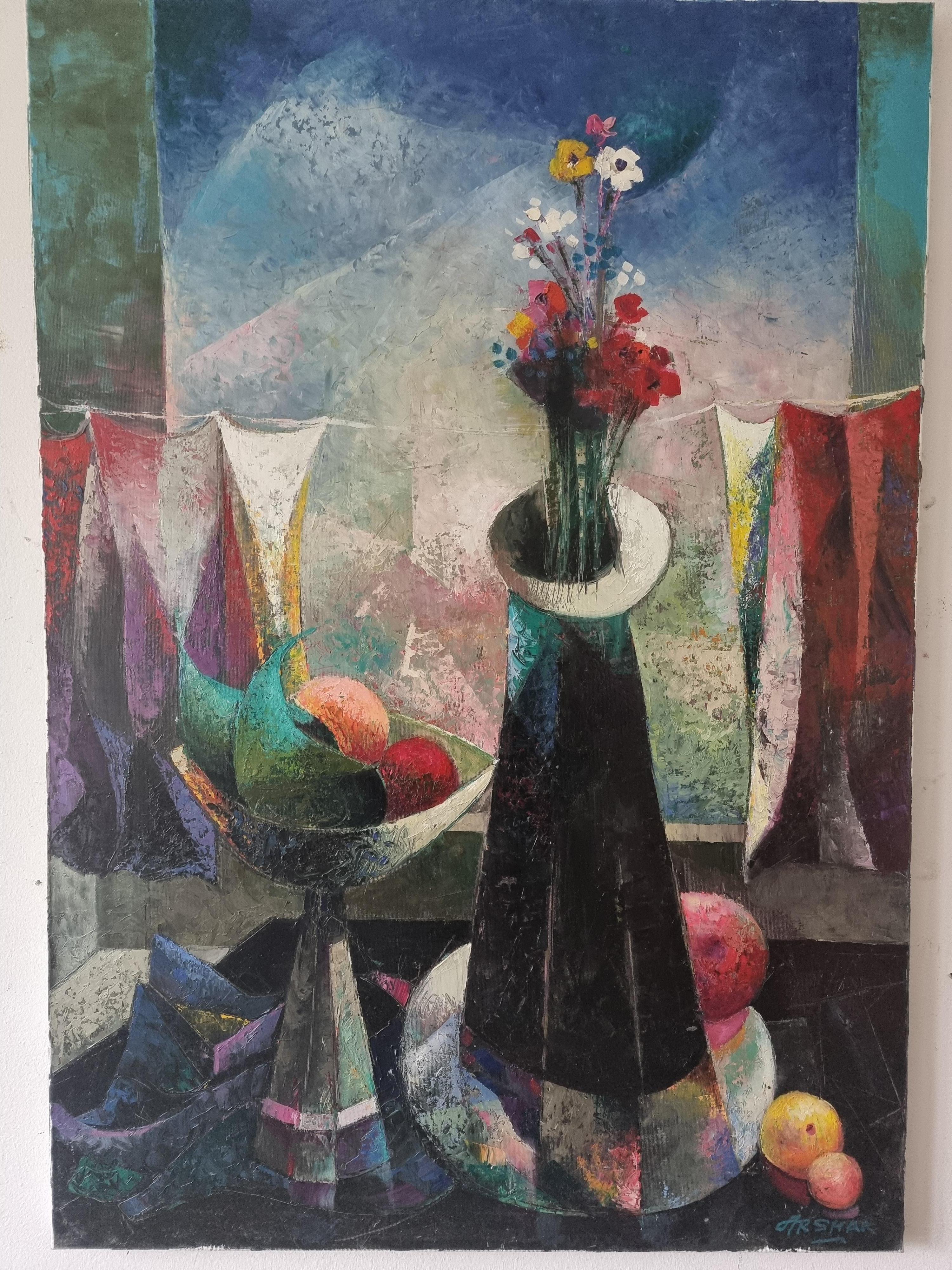  Abstrakter Kubismus-Stillleben in Rot, Schwarz, Gelb, Weiß, Grün, Blau und Lila, Orange – Painting von Arshak Nersisyan