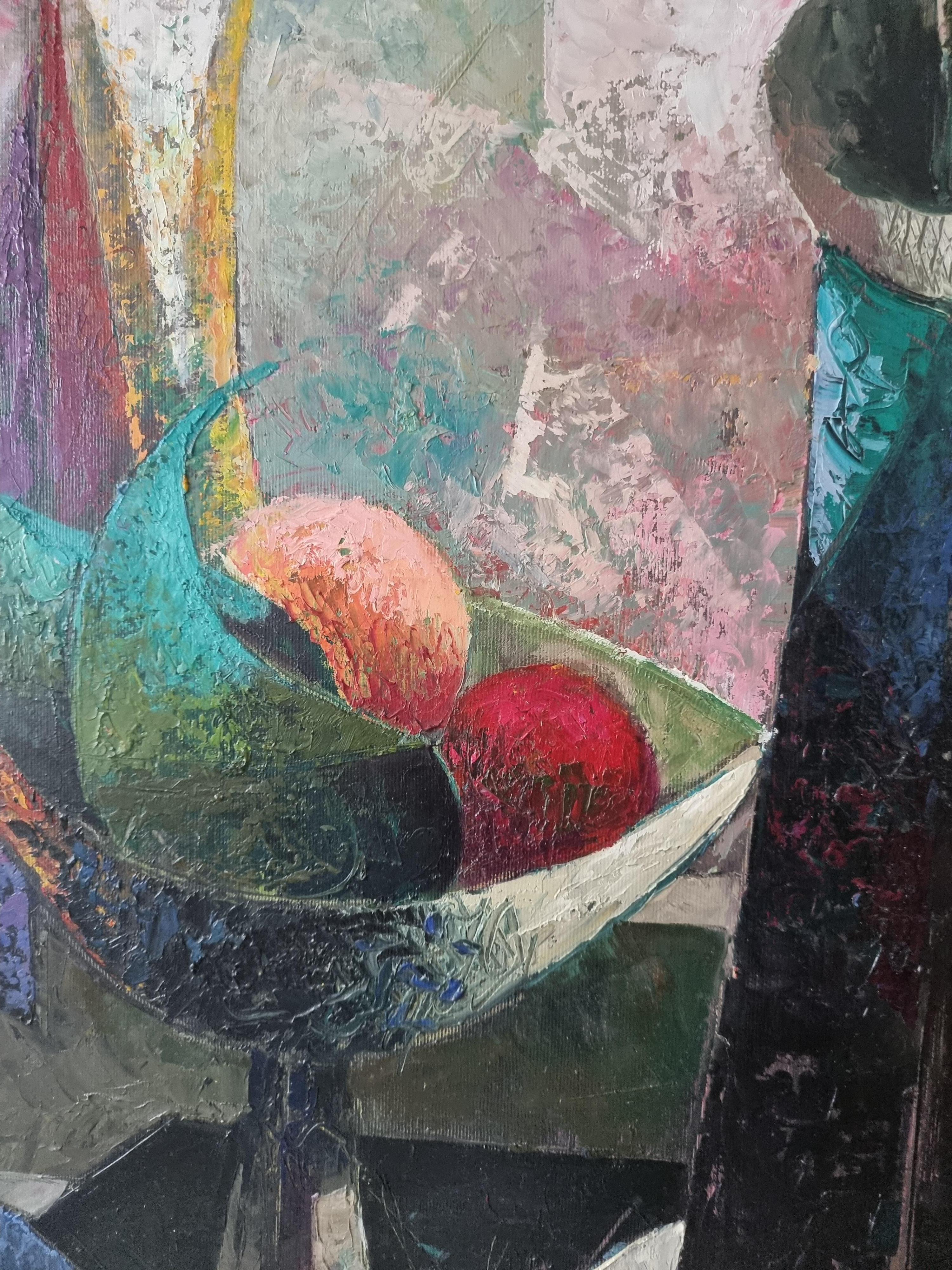  Abstrakter Kubismus-Stillleben in Rot, Schwarz, Gelb, Weiß, Grün, Blau und Lila, Orange (Moderne), Painting, von Arshak Nersisyan