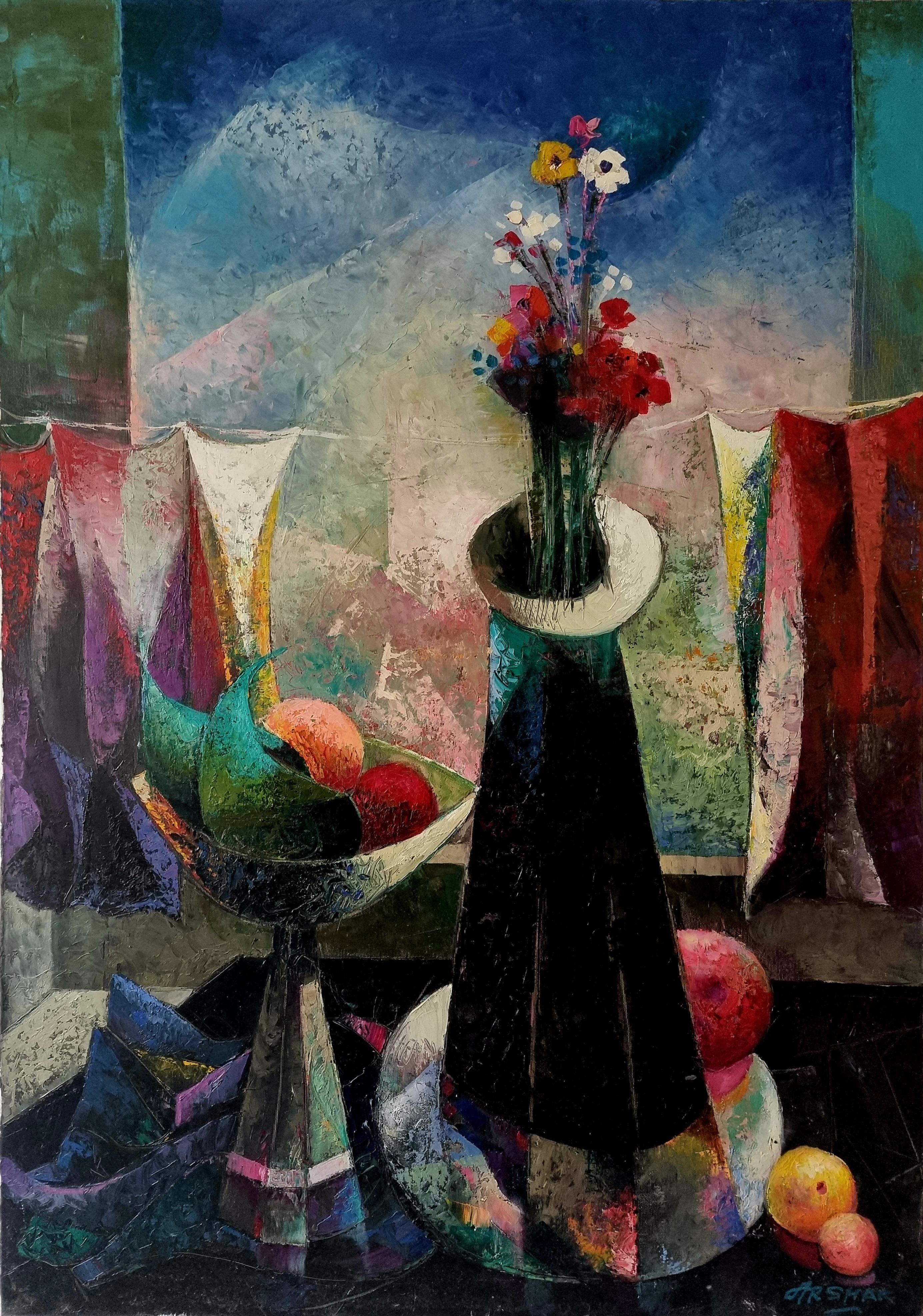 Arshak Nersisyan Still-Life Painting –  Abstrakter Kubismus-Stillleben in Rot, Schwarz, Gelb, Weiß, Grün, Blau und Lila, Orange