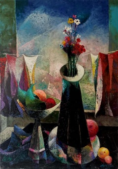  Abstrakter Kubismus-Stillleben in Rot, Schwarz, Gelb, Weiß, Grün, Blau und Lila, Orange