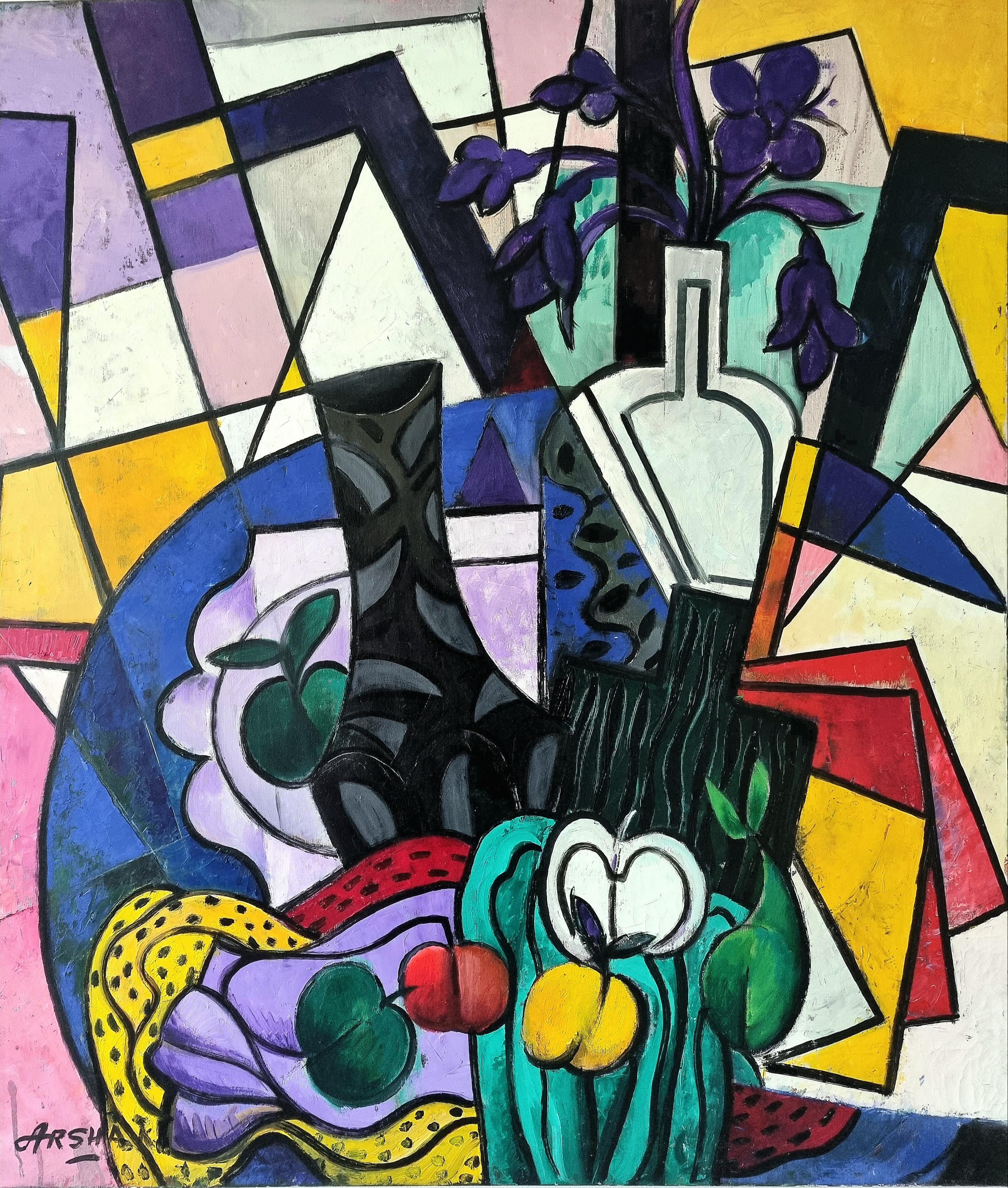 Arshak Nersisyan Still-Life Painting -  Still Life, Shapes Colors - Cubist Red Black Yellow White Green Blue Purple