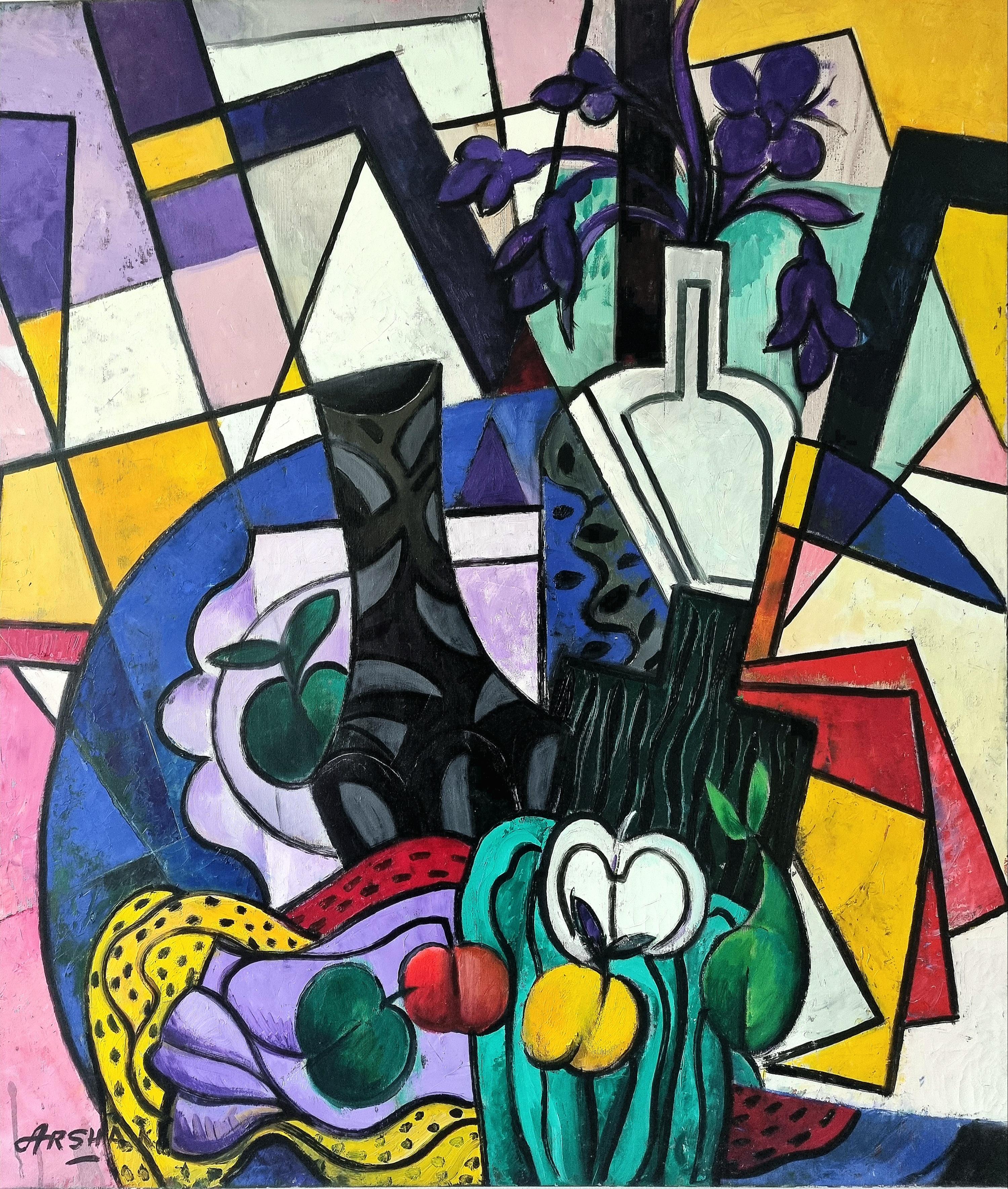 Still-Life Painting Arshak Nersisyan -  Nature morte, formes de couleurs - Couleurs cubistes rouge, noir, jaune, blanc, bleu et violet