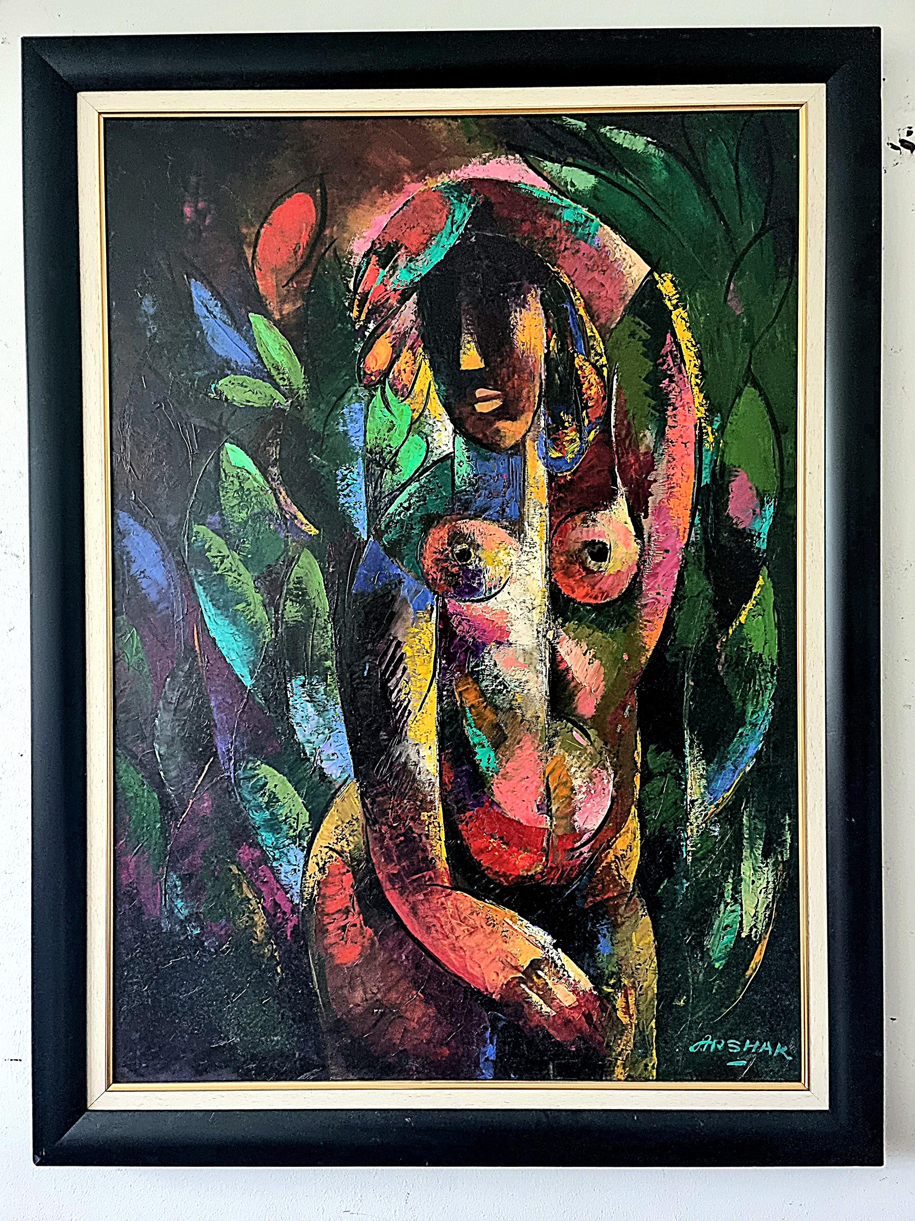 Woman's Figure - Cubist Art Red Black Yellow White Green Blue Pink Lilac - Painting by Arshak Nersisyan
