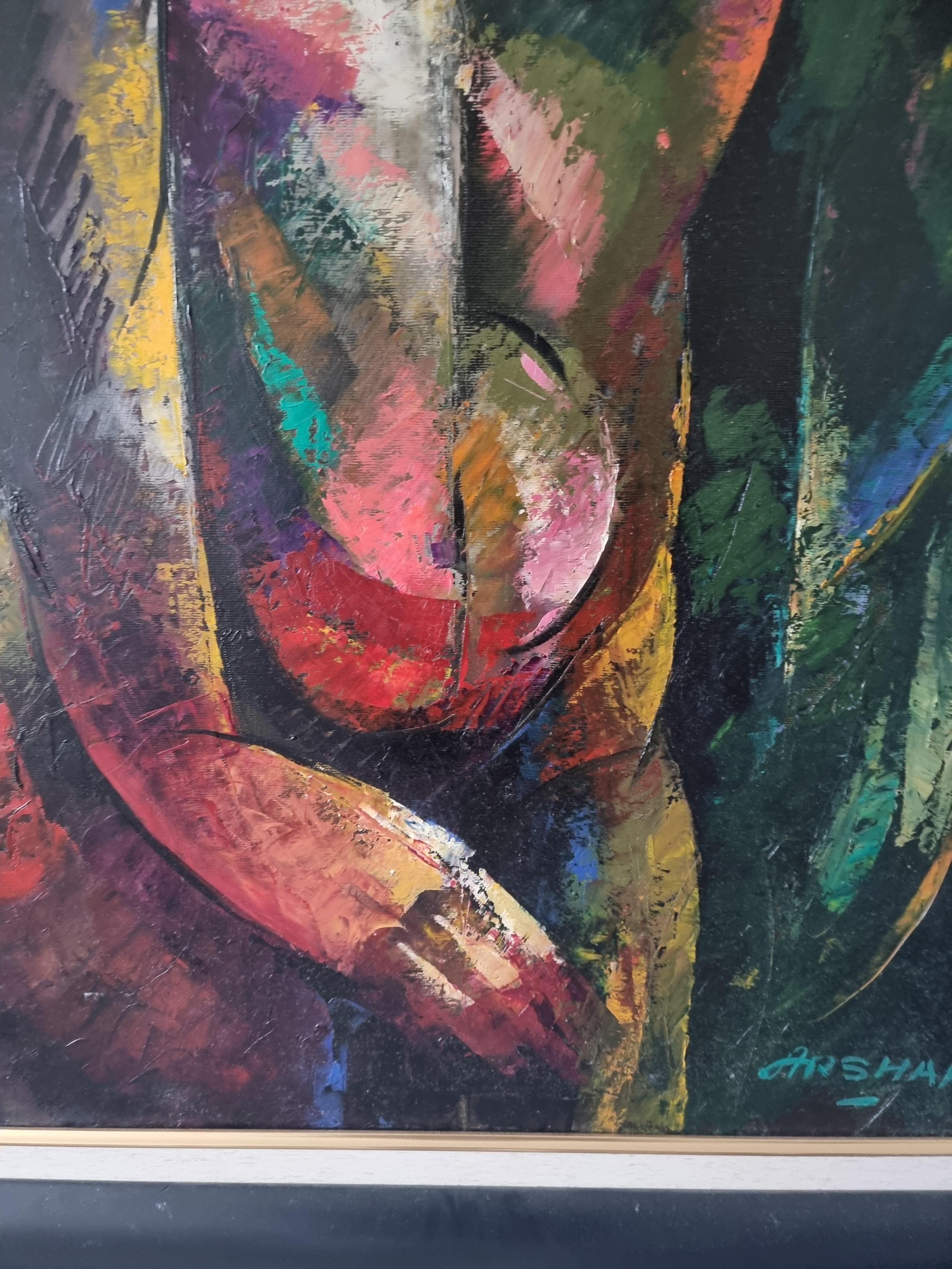 Figure de femme - Art cubiste rouge, noir, jaune, blanc, vert, bleu et rose en vente 1