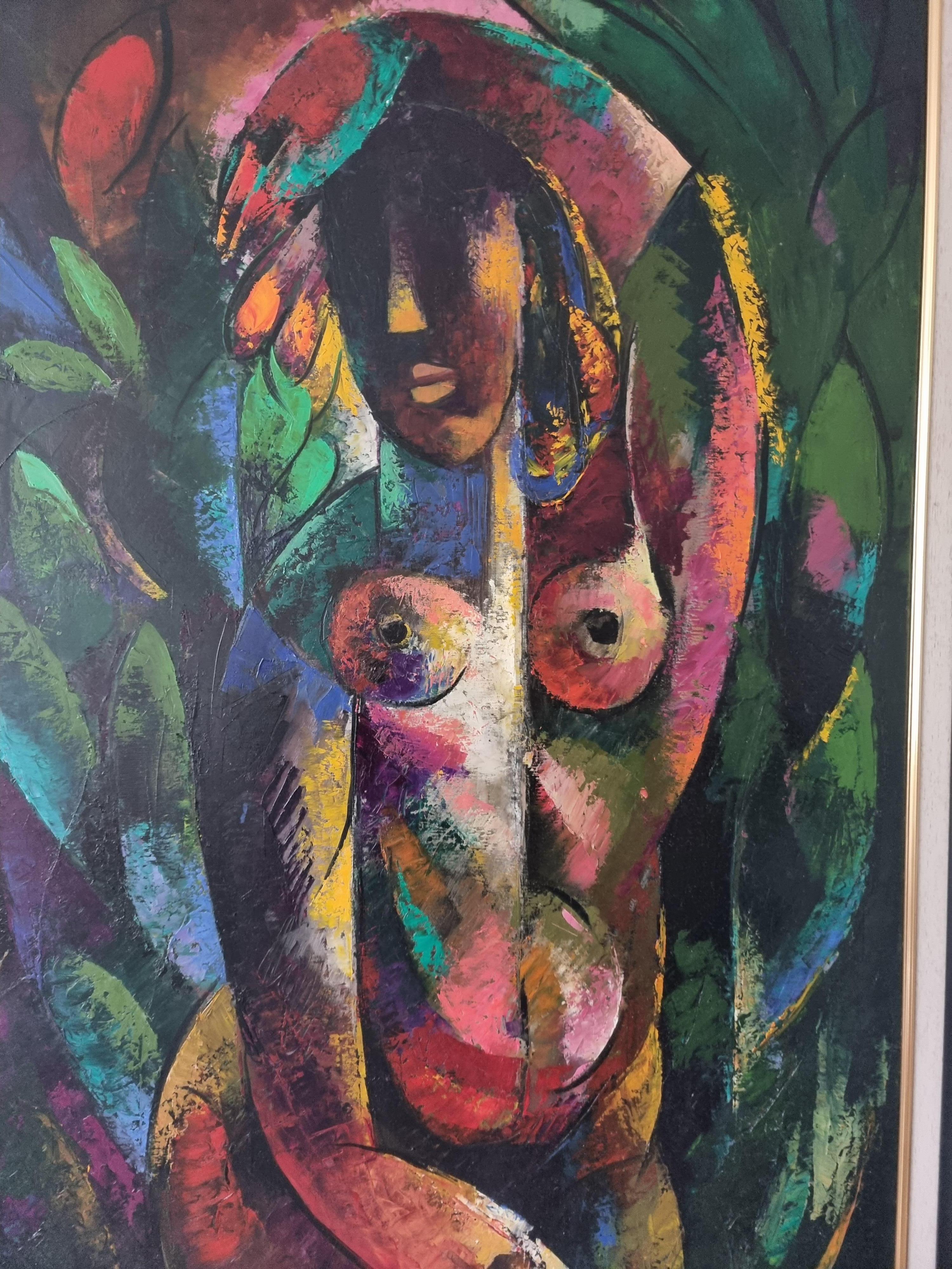 Figure de femme - Art cubiste rouge, noir, jaune, blanc, vert, bleu et rose en vente 2