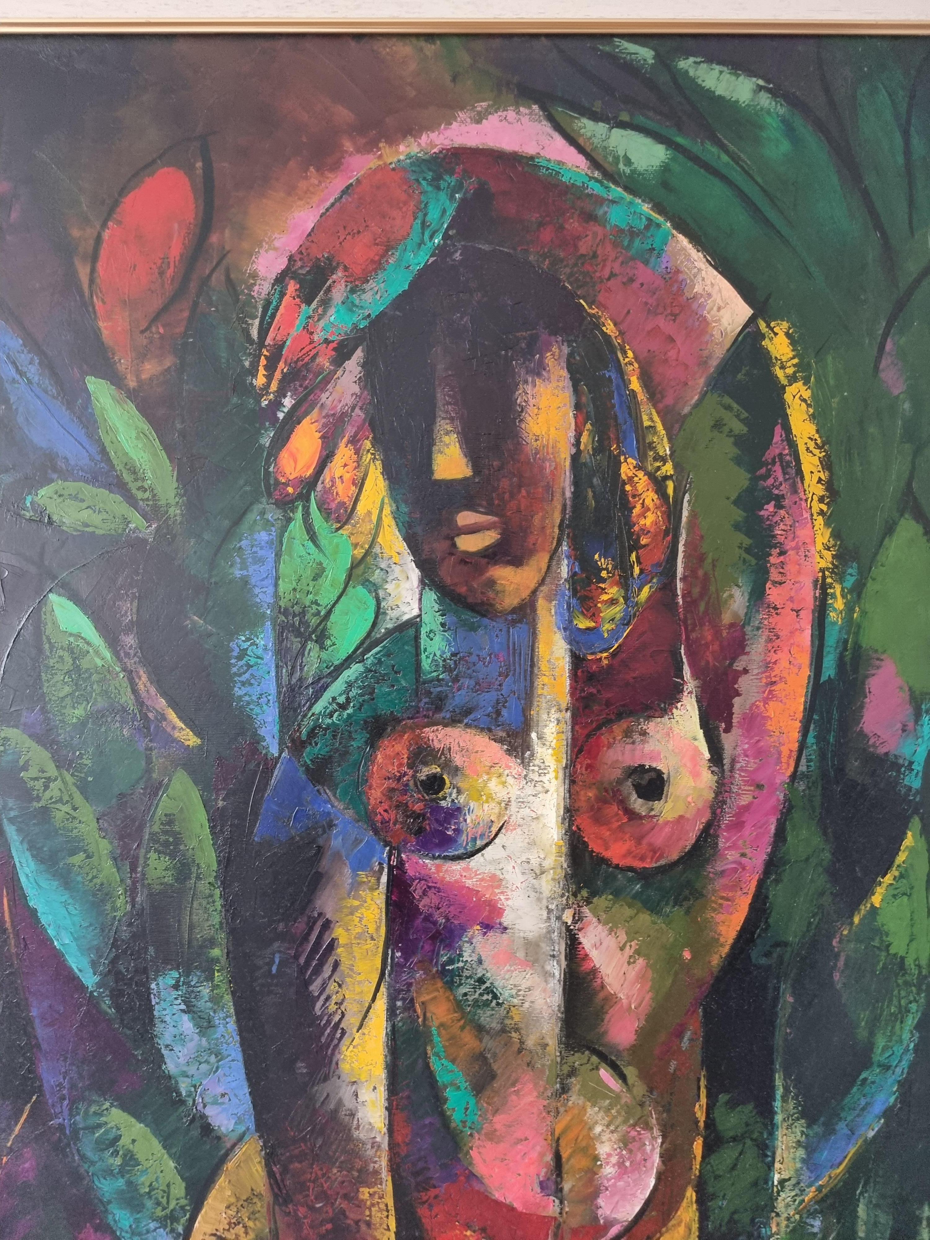 Figure de femme - Art cubiste rouge, noir, jaune, blanc, vert, bleu et rose en vente 3