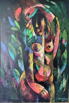 Frauenfigur – Kubistische Kunst der Frau in Rot, Schwarz, Gelb, Weiß, Grün, Blau und Rosa
