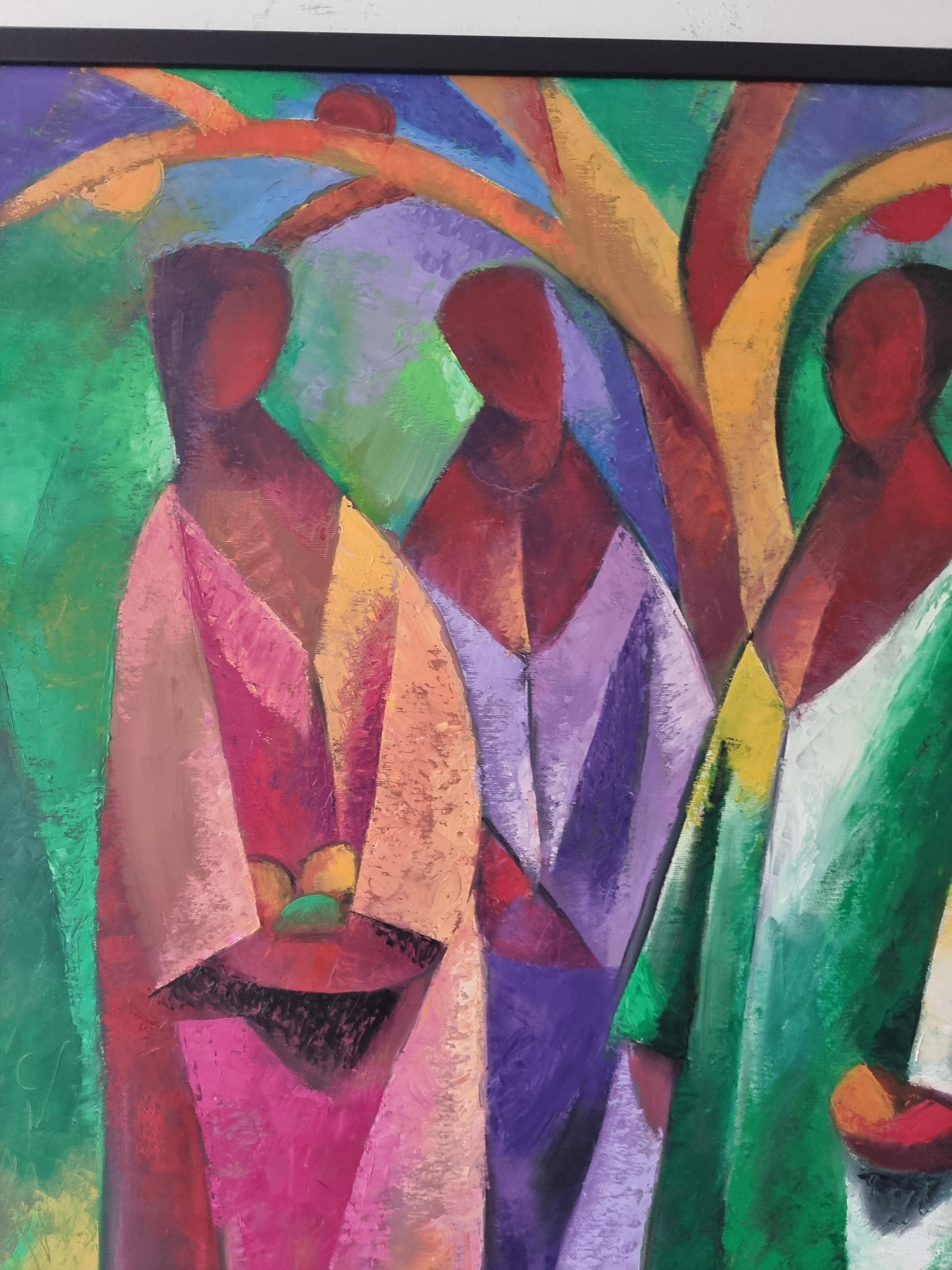 Donne che raccolgono frutta - Arte cubista Rosso Nero Giallo Bianco Verde Blu - Painting Cubismo di Arshak Nersisyan