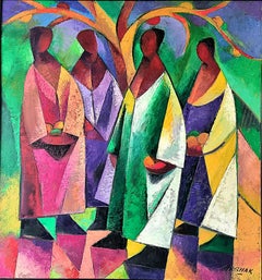 Frauen beim Obstpflücken – Kubistische Kunst in Rot, Schwarz, Gelb, Weiß, Grün und Blau 