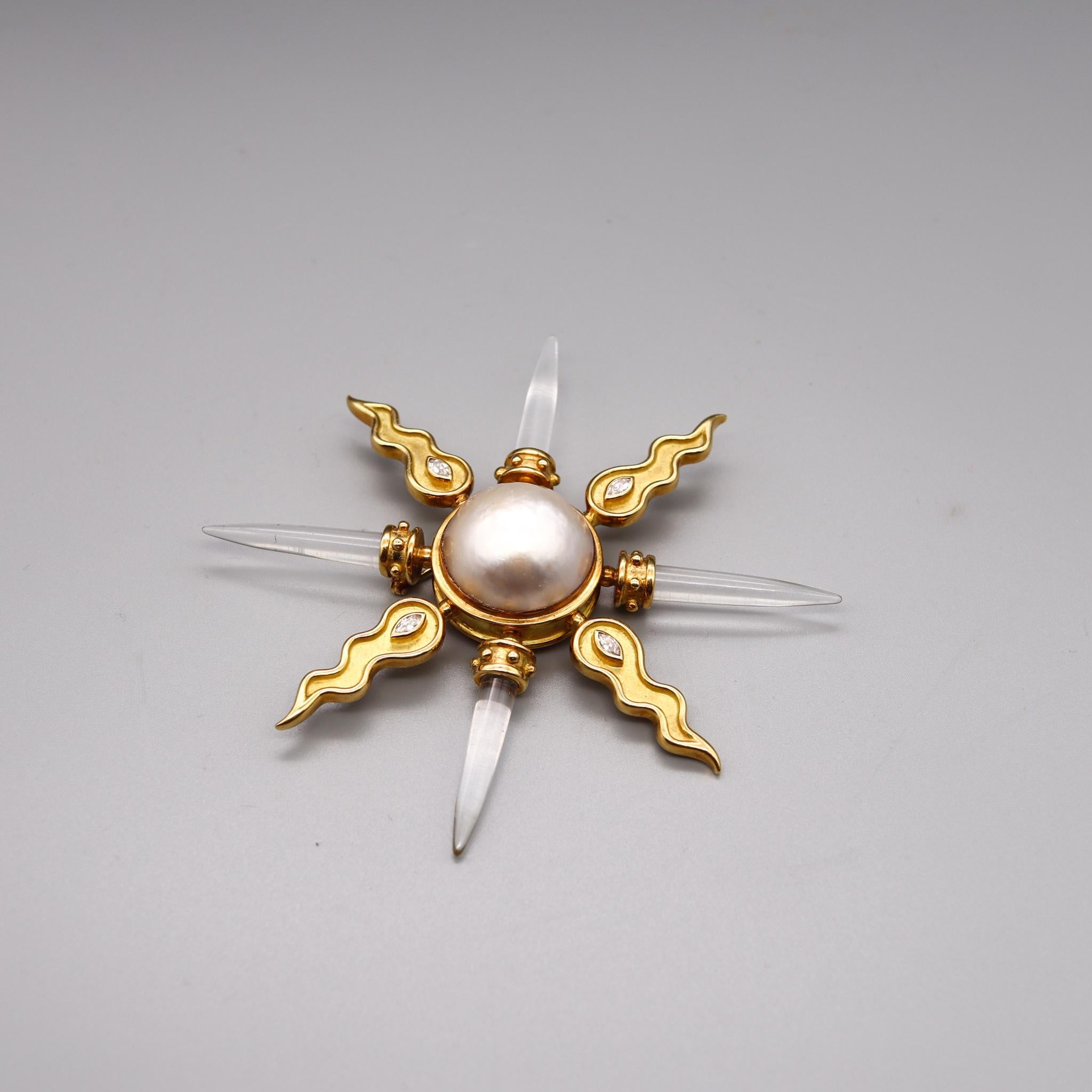 Women's or Men's Arsham Modernist Maltese Pendant Brooch 18Kt Gold Diamonds Rock Quartz & Pearl For Sale