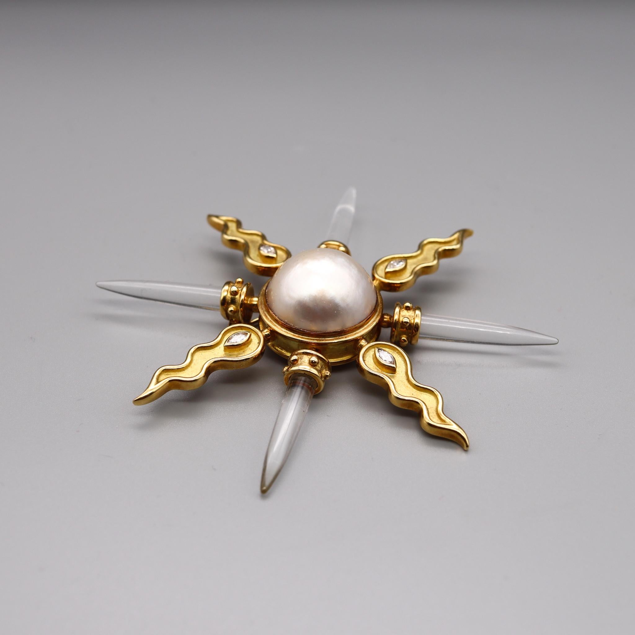 Arsham Modernist Maltese Pendant Brooch 18Kt Gold Diamonds Rock Quartz & Pearl For Sale 1