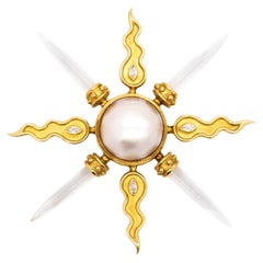 Used Arsham Modernist Maltese Pendant Brooch 18Kt Gold Diamonds Rock Quartz & Pearl