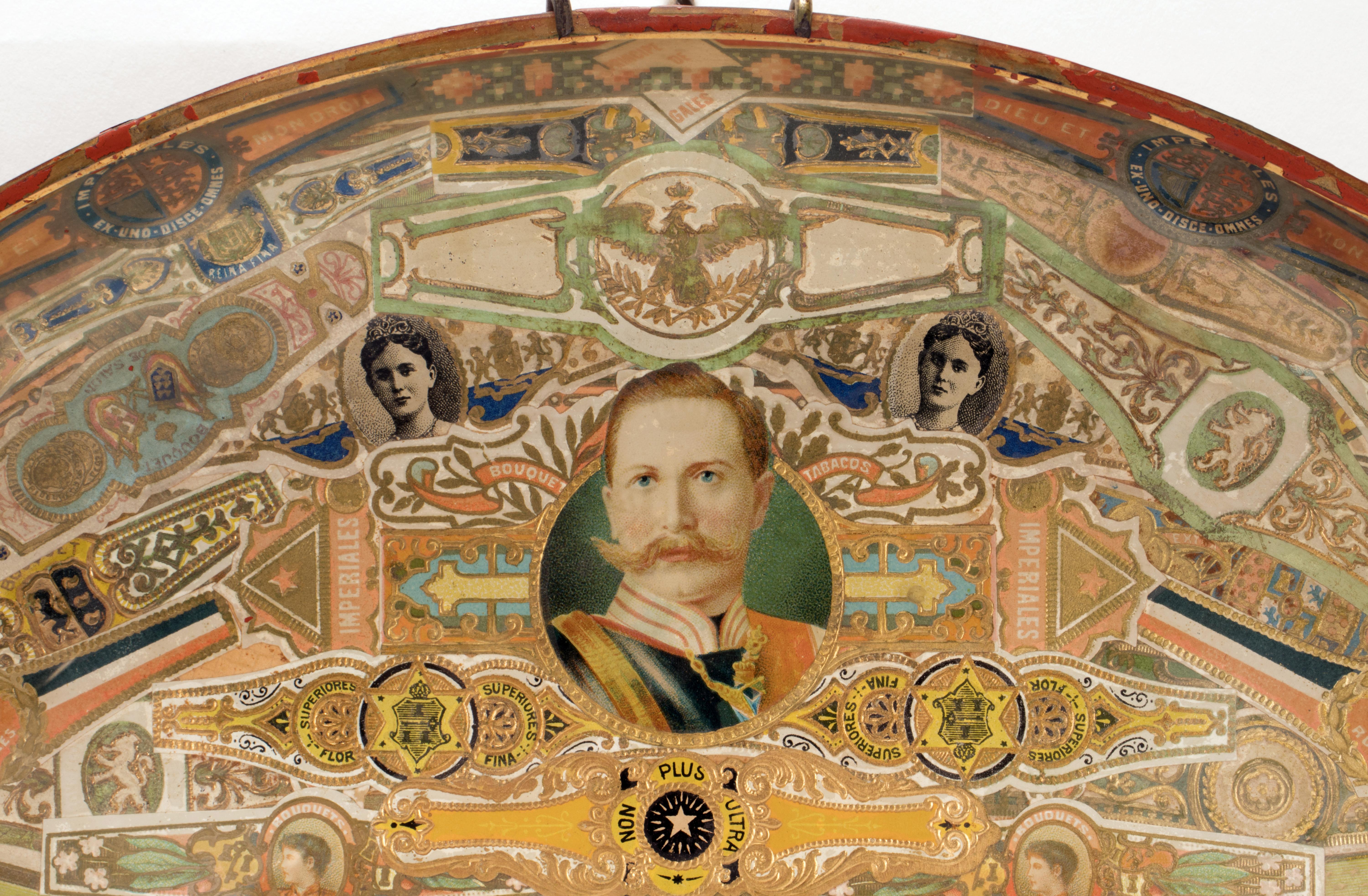 Round shaped glass dish, decorated, with Cuban cigar labels, applied under the glass. Art & Craft period, London circa 1890.