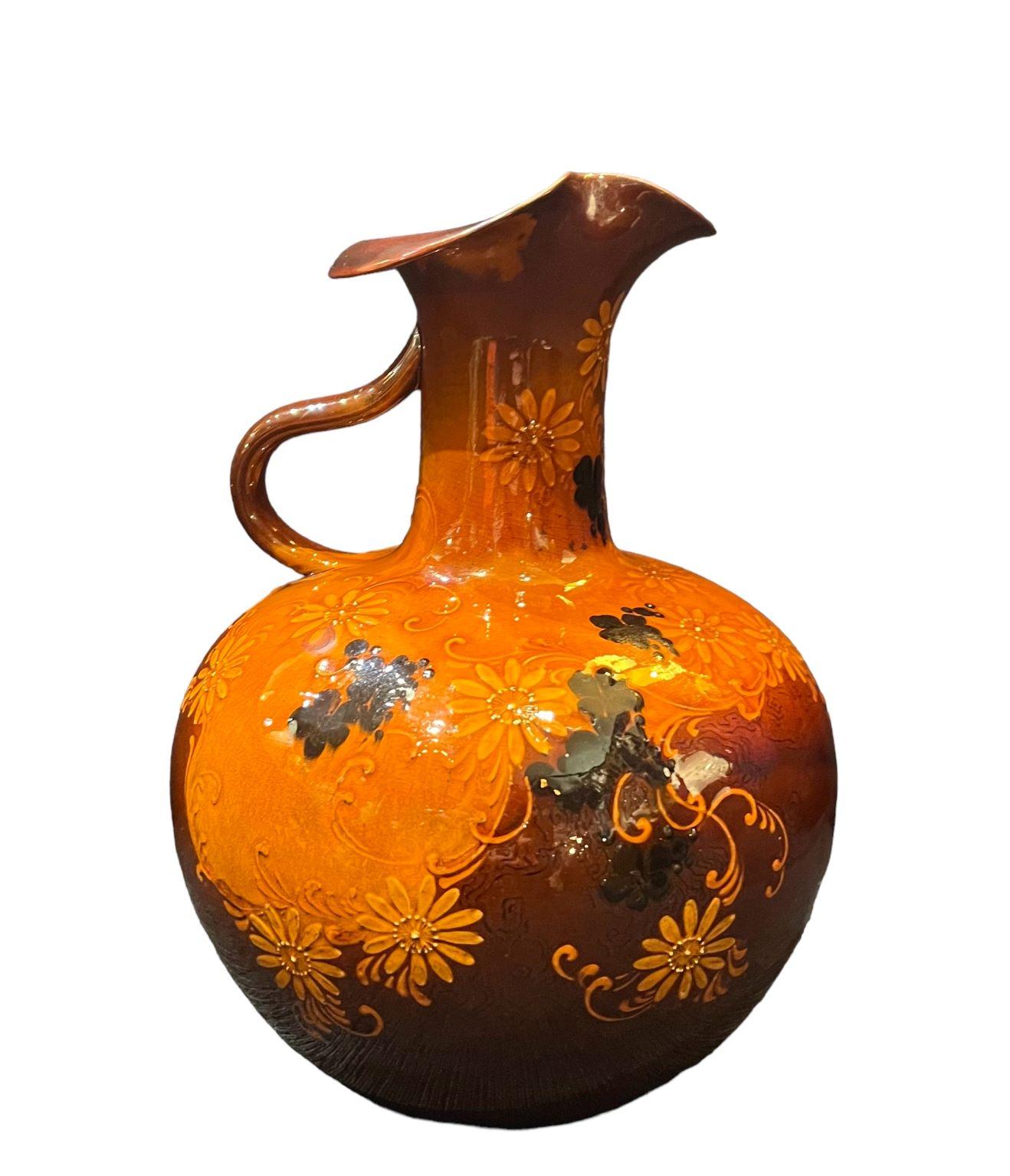 Art And Craft Rookwood Ewer by Kataro Shirayamadani 1902. A beautiful piece of Rookwood Pottery with raised decoration. Signed on bottom. Dimensions 9 inches tall, by 6.5 inches wide