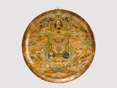 Art and Craft round shaped glass dish, with Cuban cigar labels, England 1890.