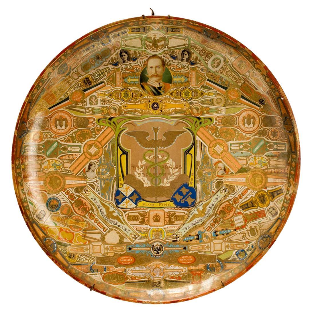 Art and Craft round shaped glass dish, with Cuban cigar labels, England 1890. For Sale