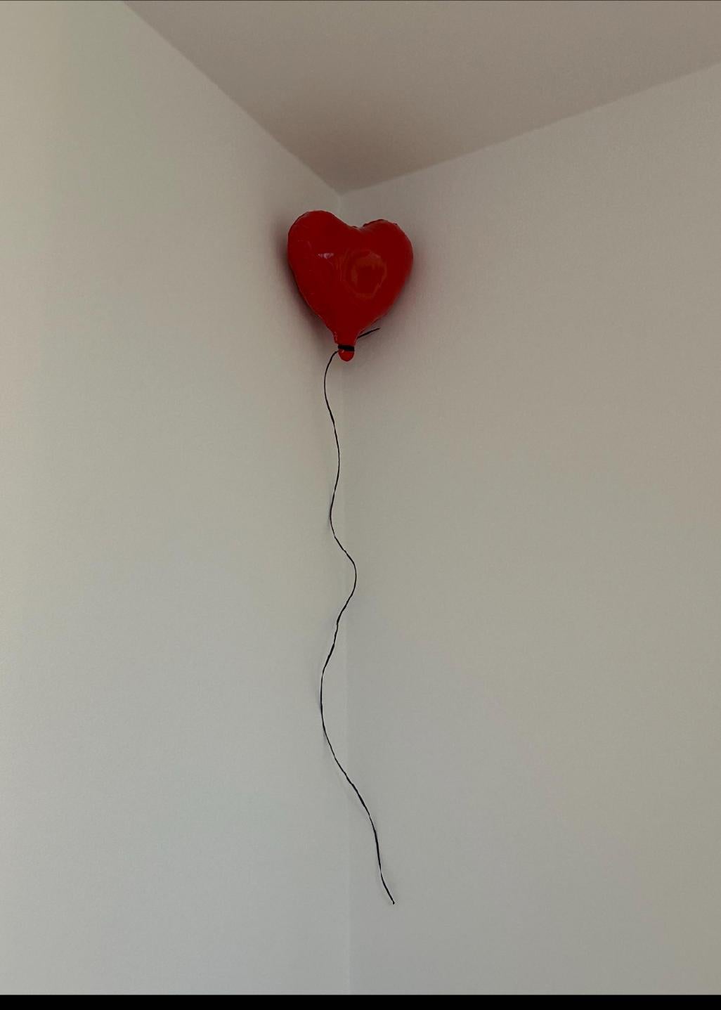 Red Glossy ceramic heart balloon sculpture handmade for wall installation For Sale 7