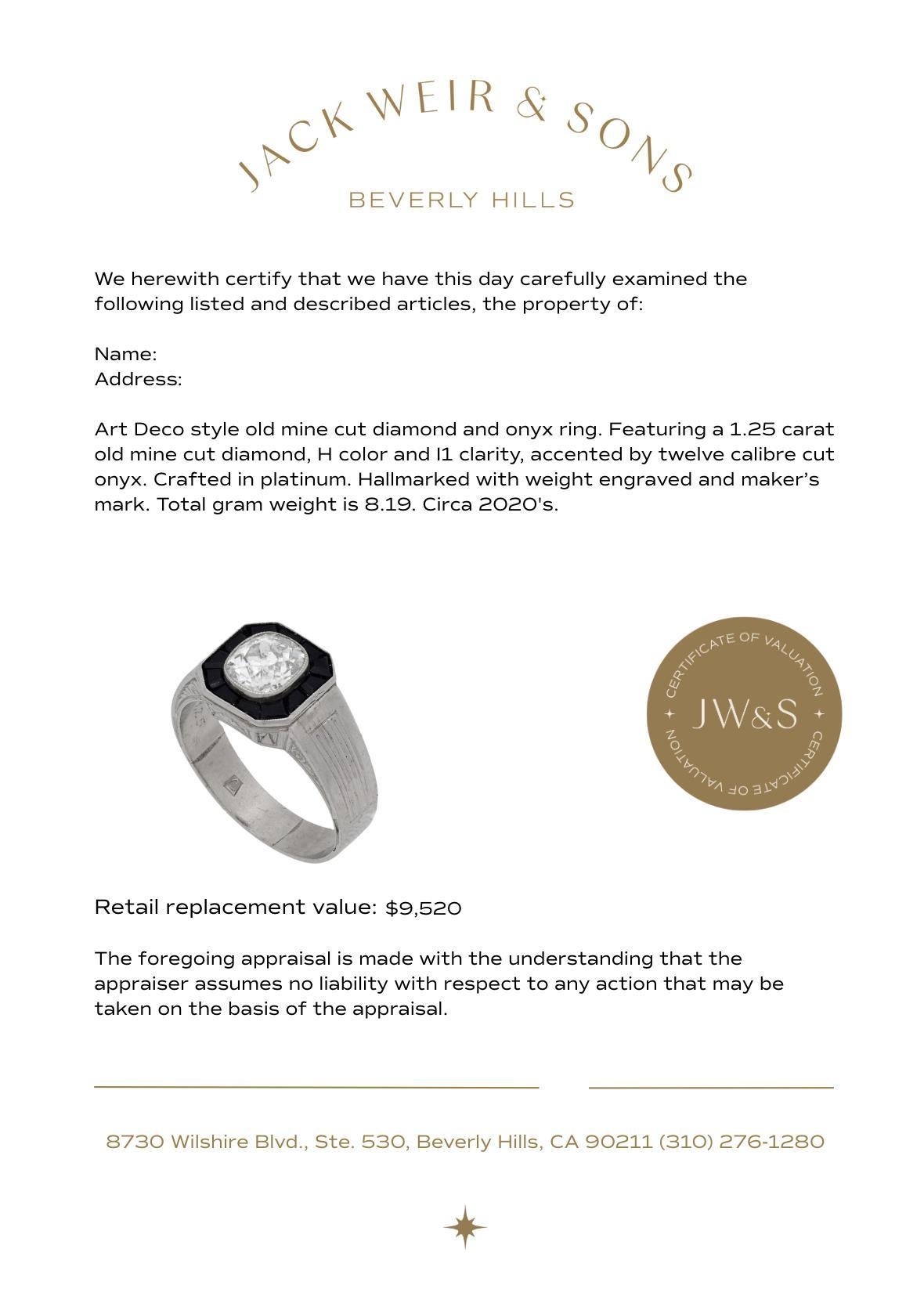 Bague de fiançailles en platine de style Art déco 1,25 carat diamant taille ancienne mine onyx Pour femmes en vente