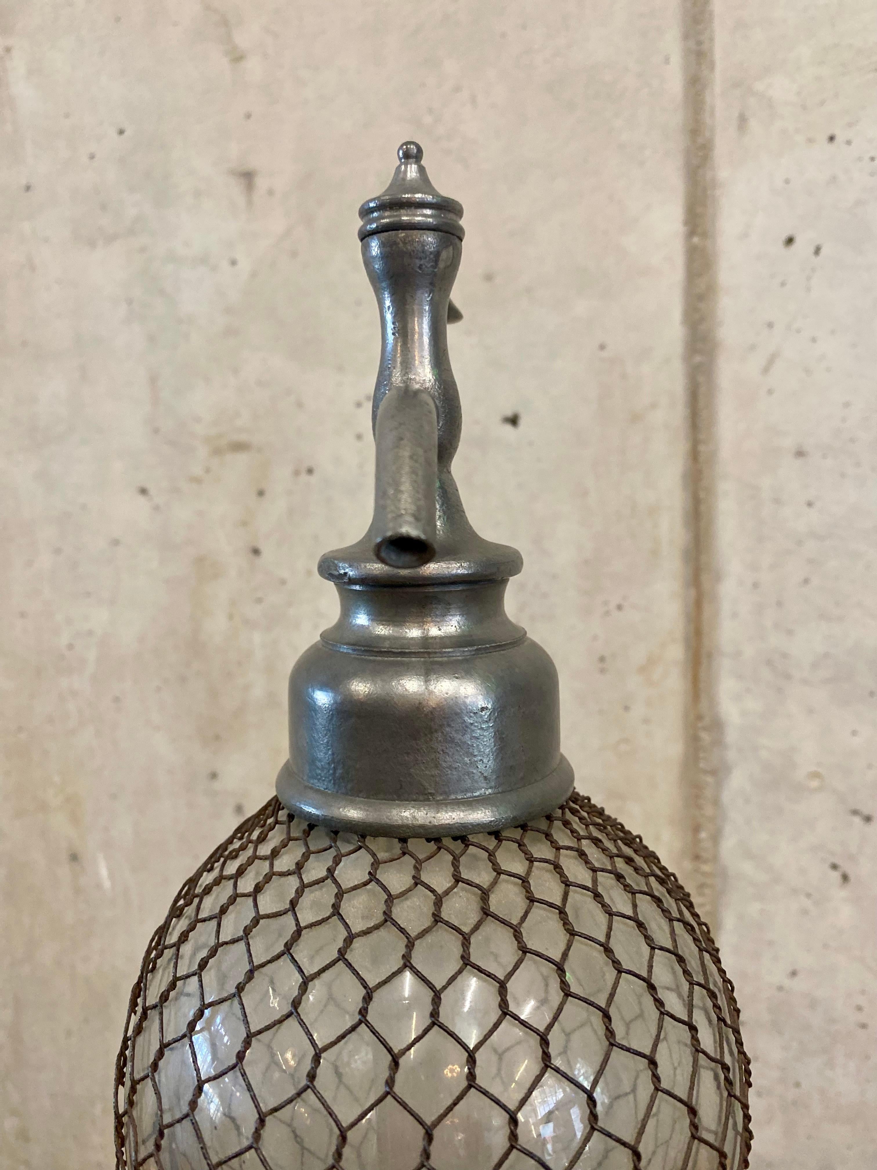 Art Art Nouveau Seltzogene, Soda Syphon Bottle, white Glass with wire jacket 1