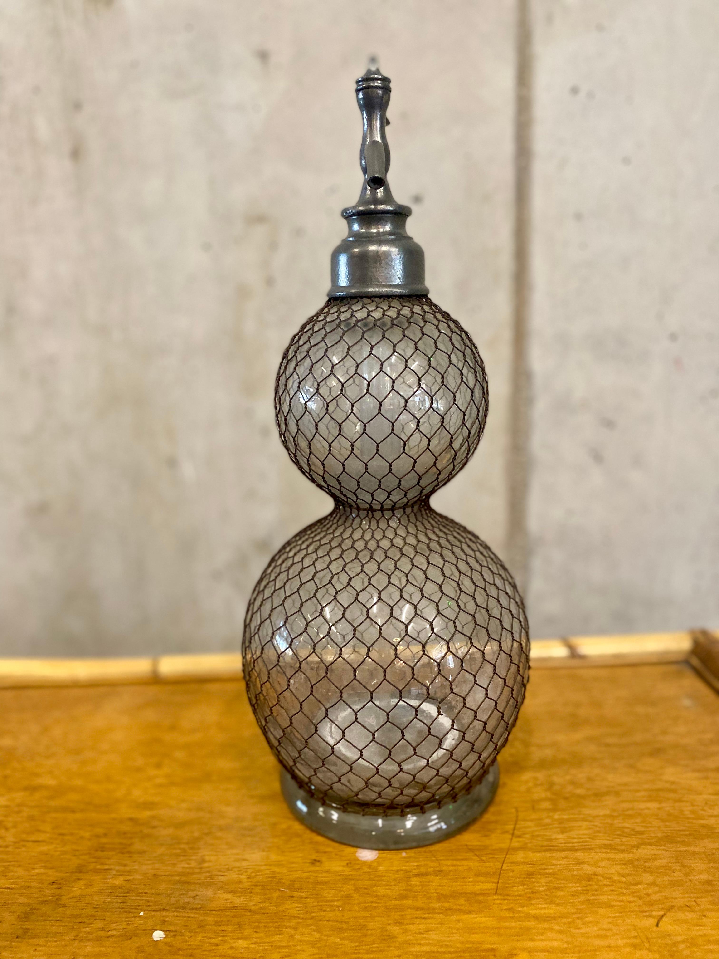 Art Art Nouveau Seltzogene, Soda Syphon Bottle, white Glass with wire jacket 2