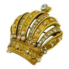 ART Arthur Pepper signed vintage gold rhinestone pearls crown designer brooch