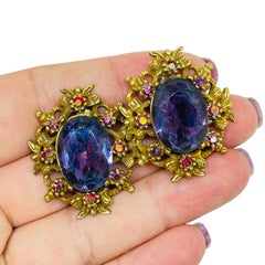 ART ARTHUR PEPPER signed vintage gold tone amethyst glass designer clip earrings