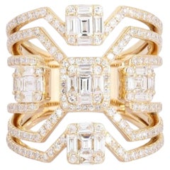 Art Asscher Cut 14K (or 18k upon request) Yellow Gold Diamond Wide Band Ring